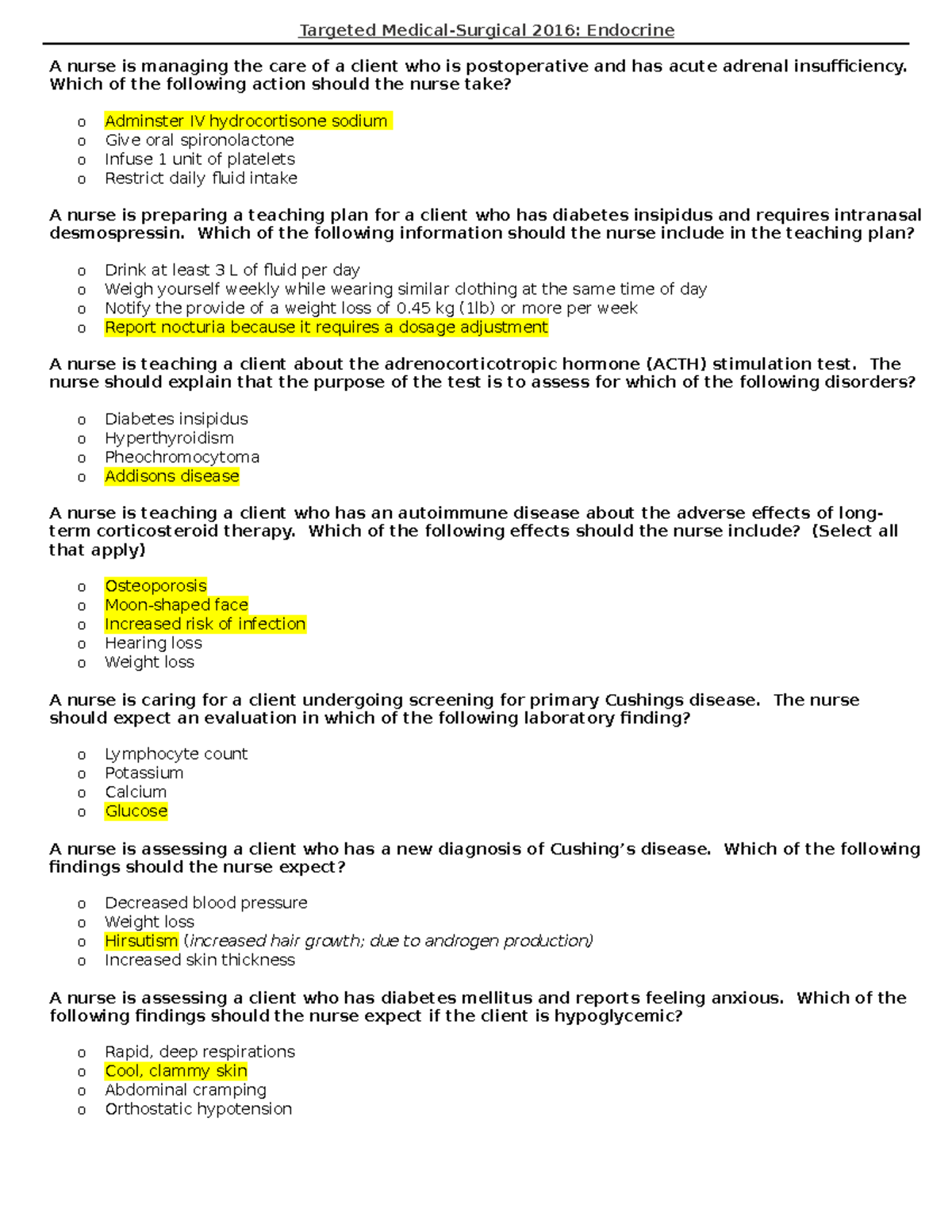 Endocrine Questions Targeted MedicalSurgical 2016 Endocrine A nurse