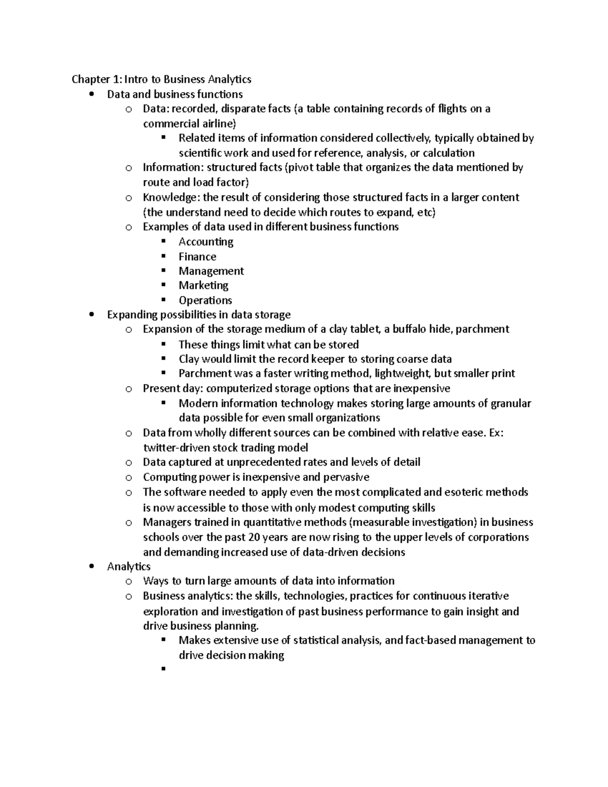 K303 Notes - Readings - Chapter 1: Intro to Business Analytics Data and ...