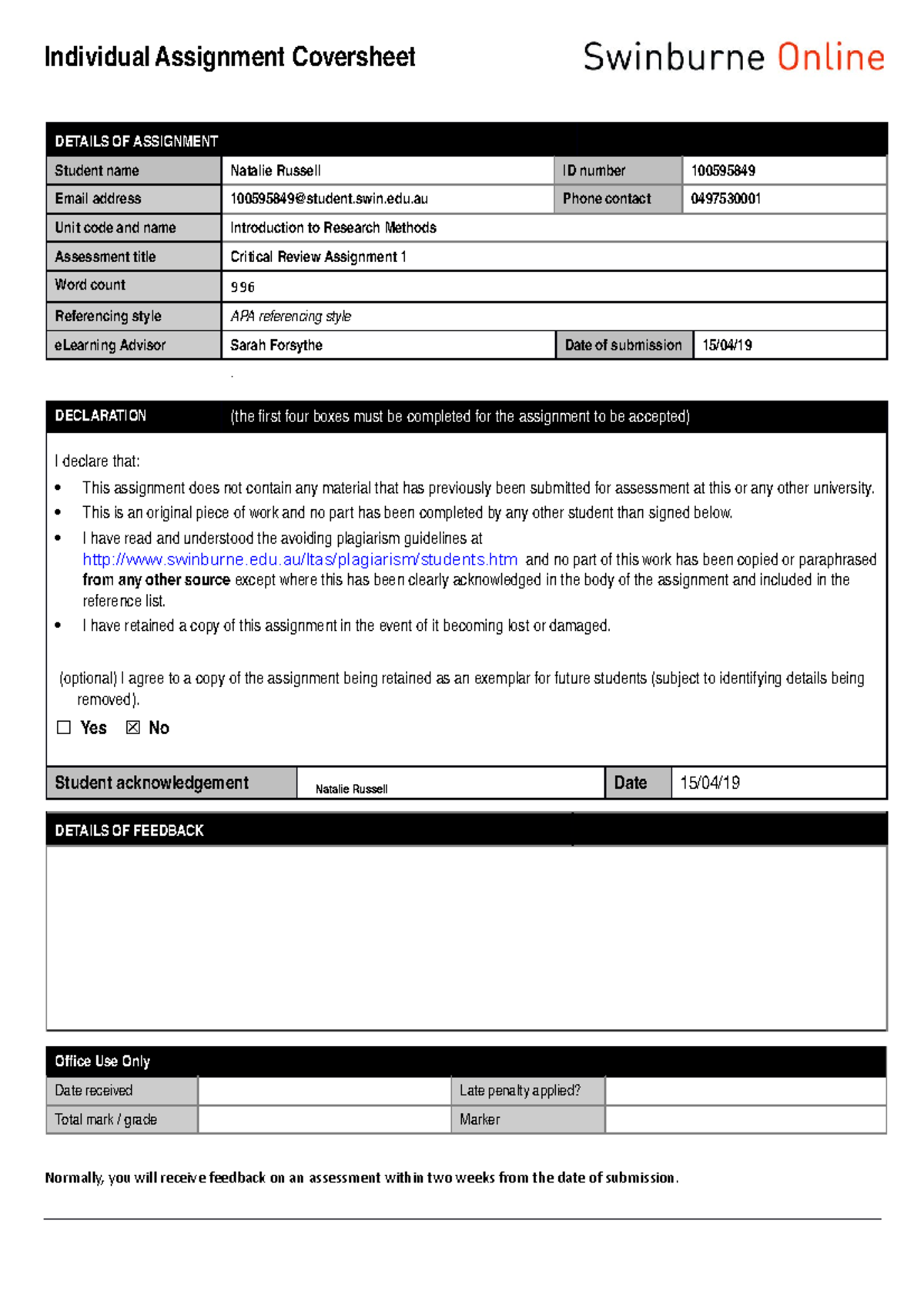 Critical review assignment 1 - Individual Assignment Coversheet DETAILS ...