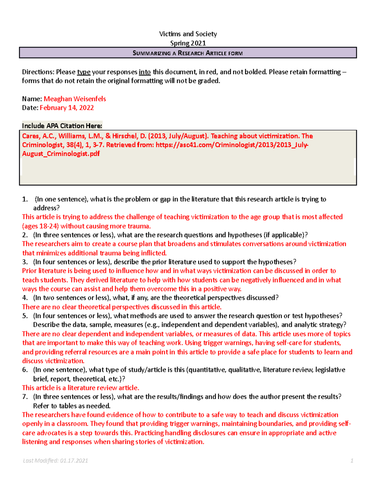Article Form 2 SOCI 425 - Victims and Society Spring 2021 SUMMARIZING A ...