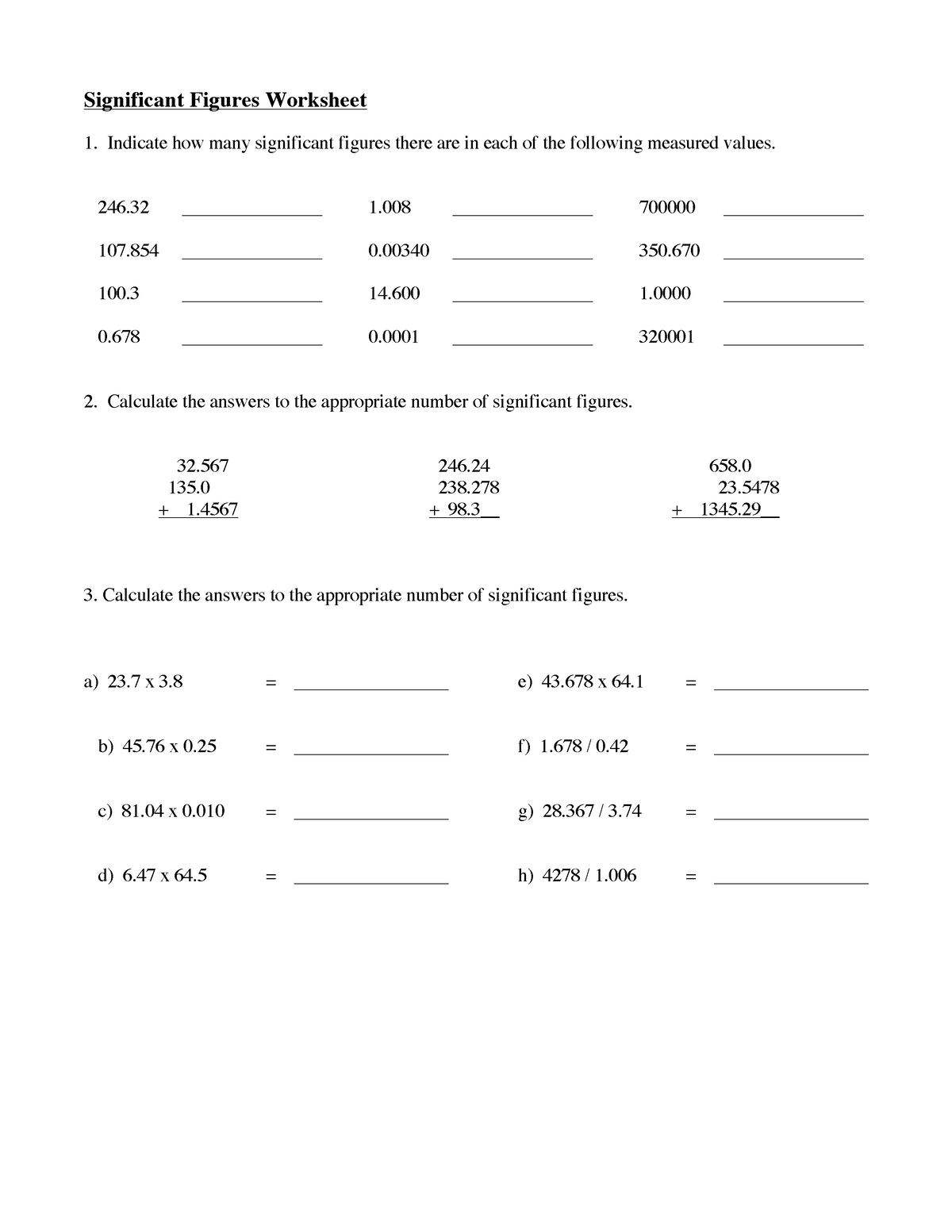 Significant figures Excercise - Significant Figures Worksheet Indicate ...