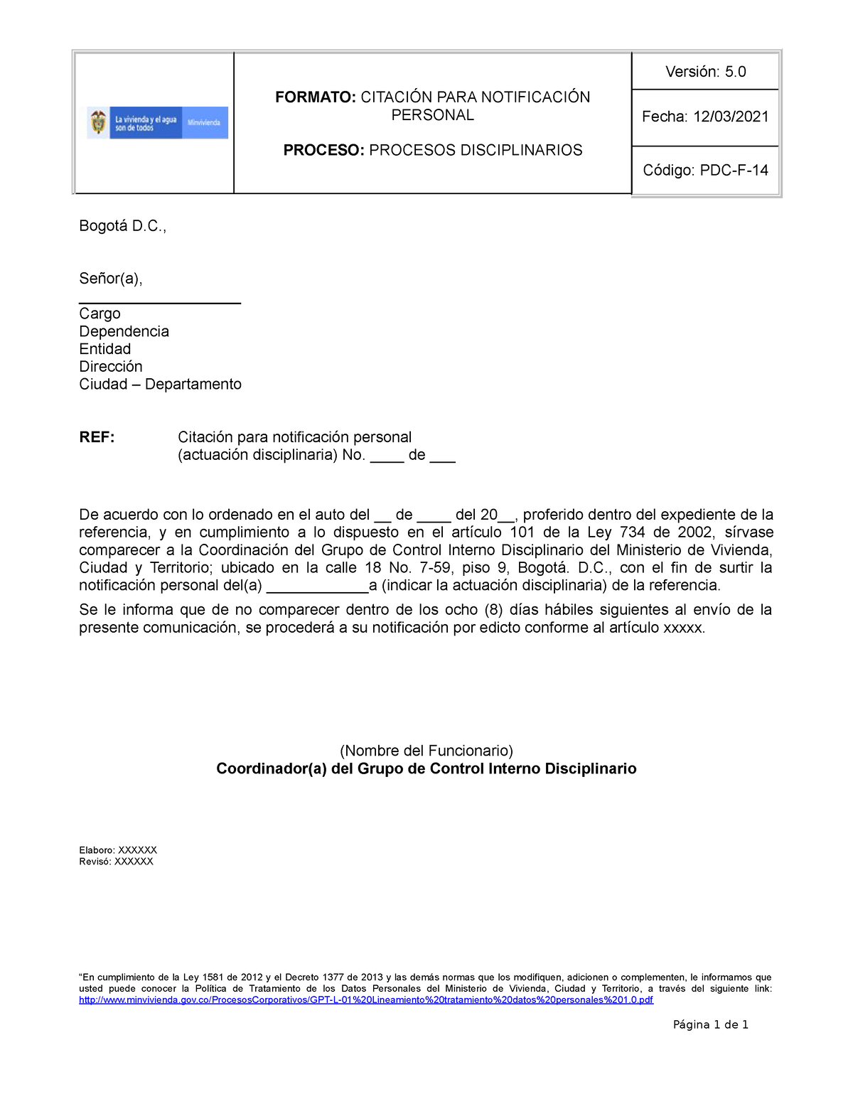 Pdc f 14 citacion para notificacion personal 5 - FORMATO: CITACIÓN PARA NOTIFICACIÓN  PERSONAL - Studocu