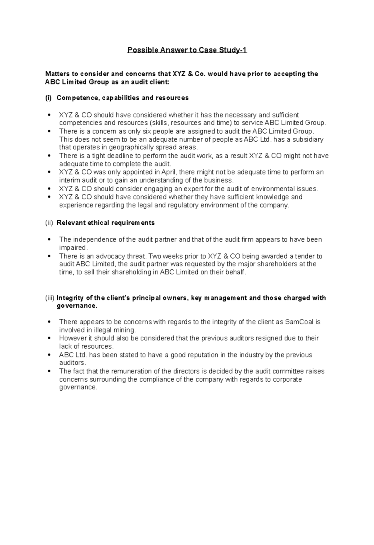 Ans CS1 - Case - Possible Answer To Case Study- Matters To Consider And ...