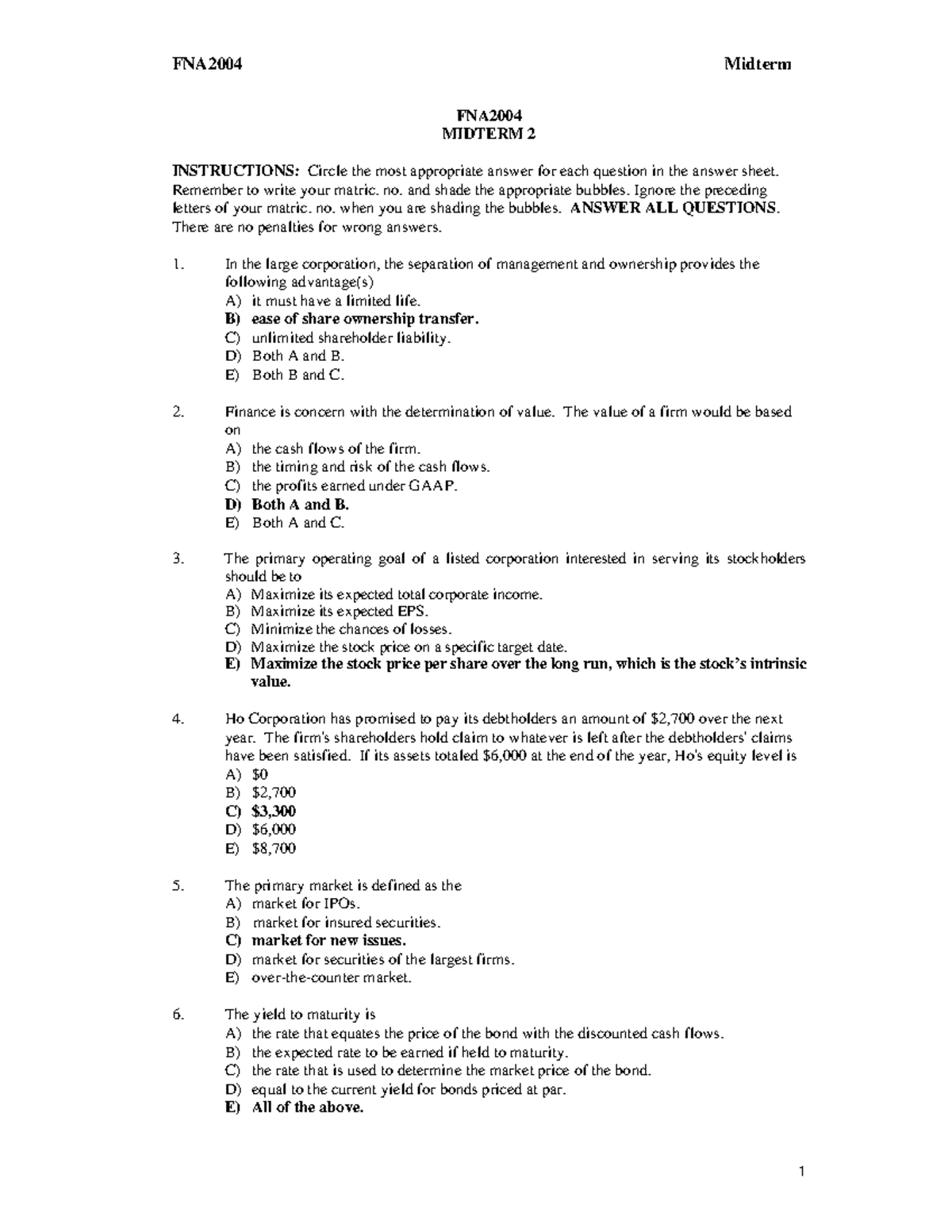 Midterm 2 2018, answers - FNA MIDTERM 2 INSTRUCTIONS: Circle the most ...