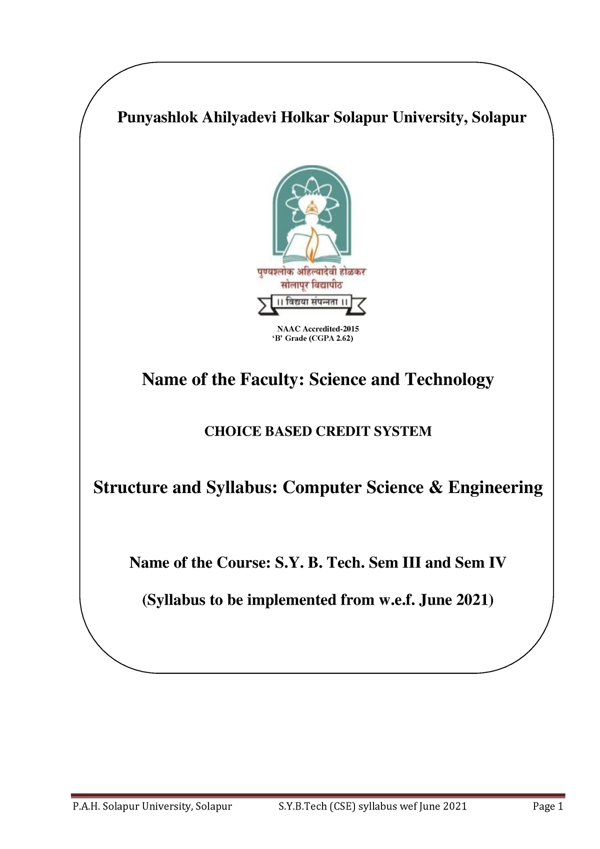 SY BTech CSE Basic Structure Syllabus 21 22 - Punyashlok Ahilyadevi ...