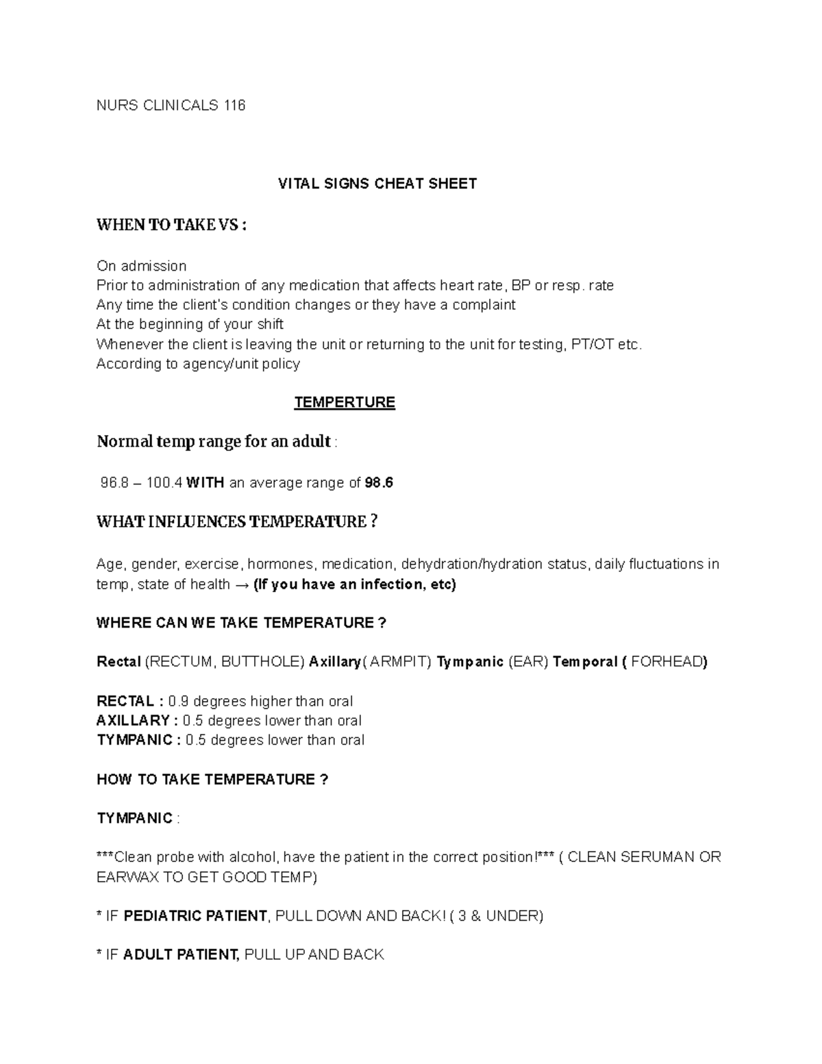 Vitals cheat sheet - NURS CLINICALS 116 VITAL SIGNS CHEAT SHEET WHEN TO ...