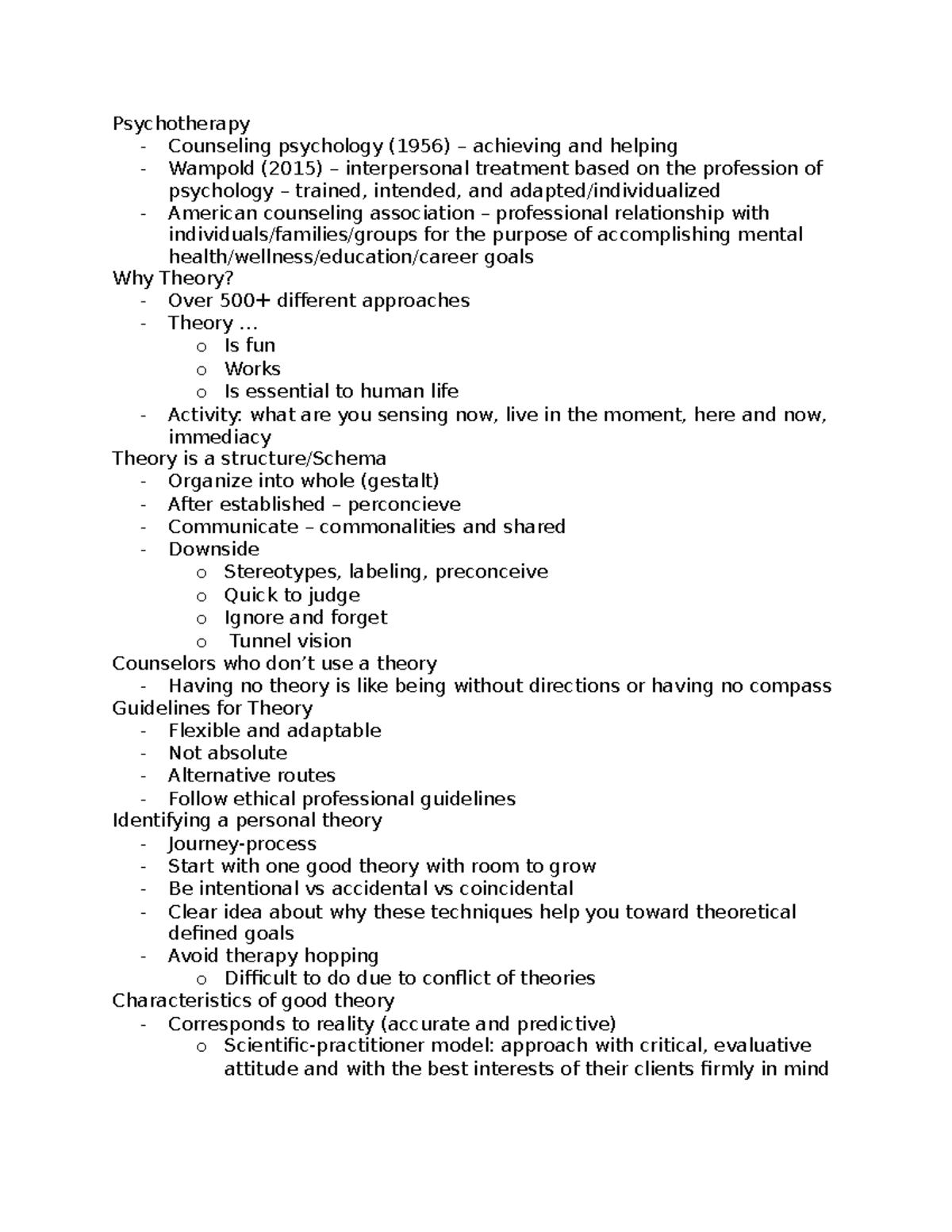 Theories of Psychology Notes - Psychotherapy - Counseling psychology ...