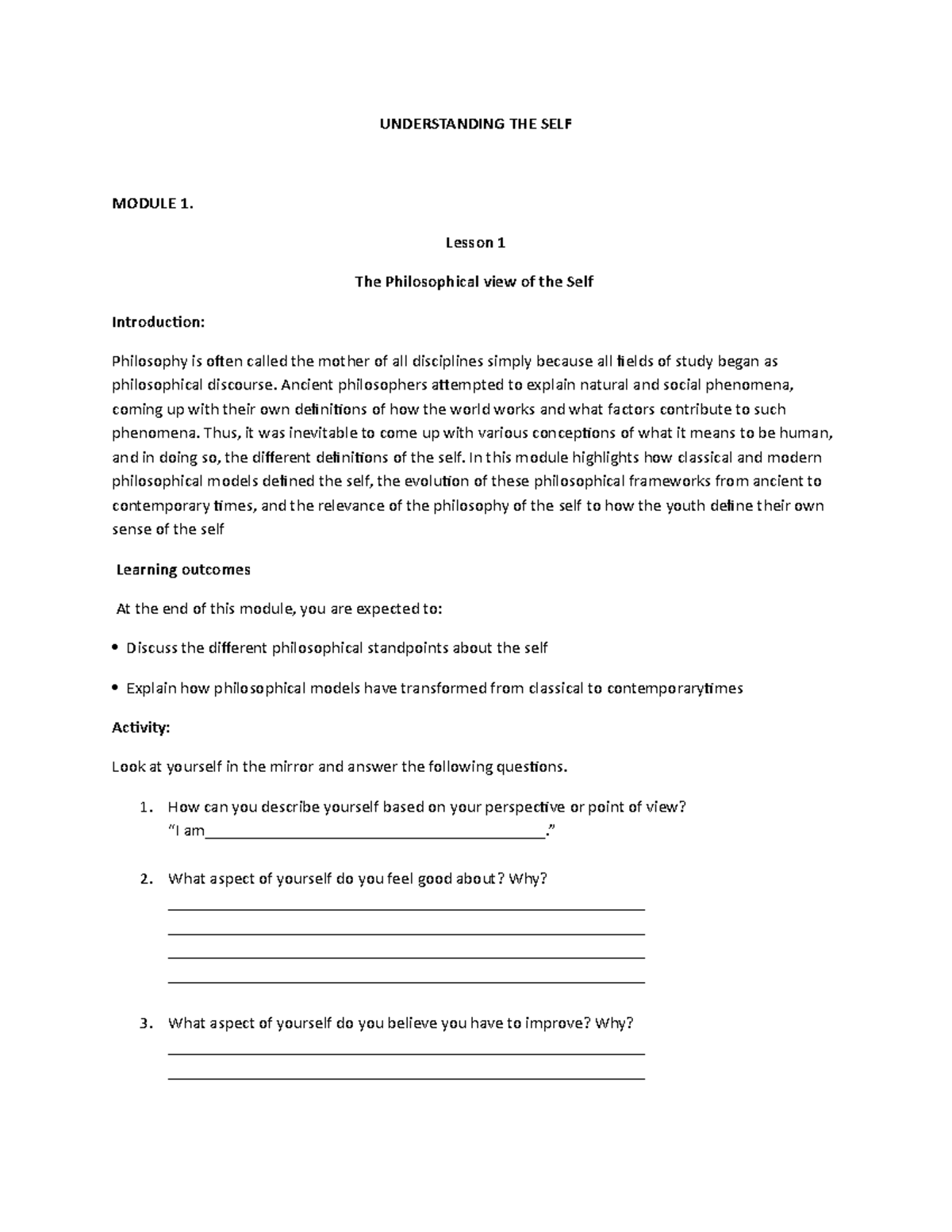 Understanding the self understanding the self module 1 lesson 1 the
