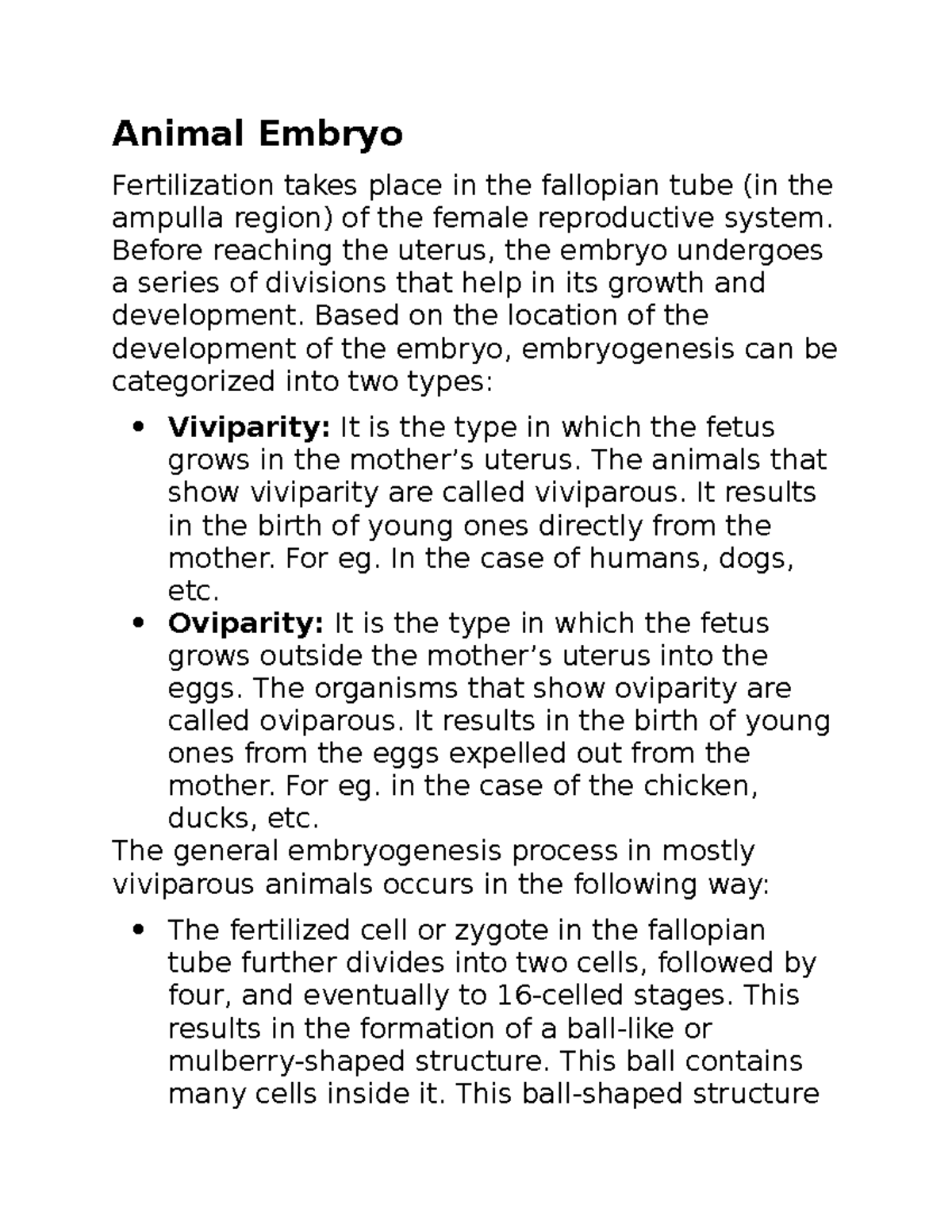 Bio 6 notes Animal Embryo Fertilization takes place in the