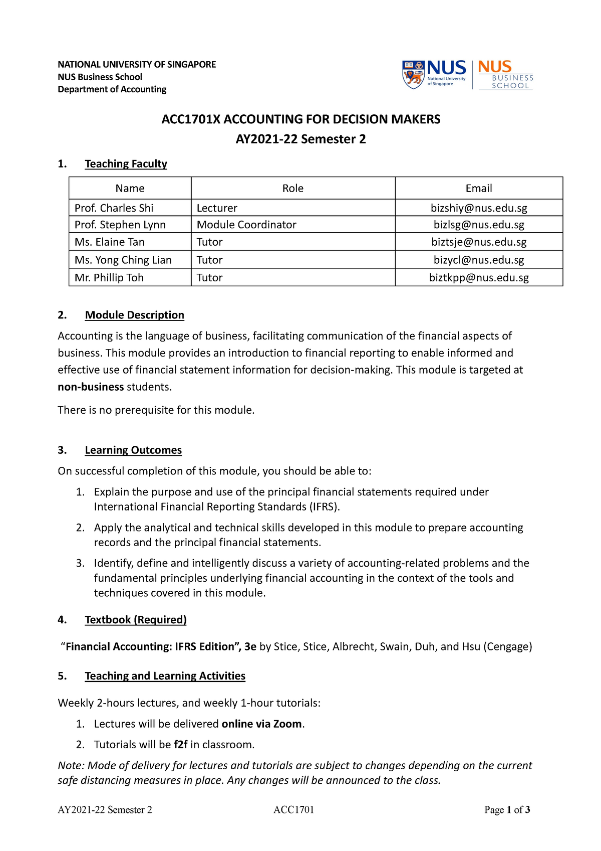 ACC1701 X AY2122 S2 Module Outline - Jan 05 - ACC1701 - NUS - Studocu