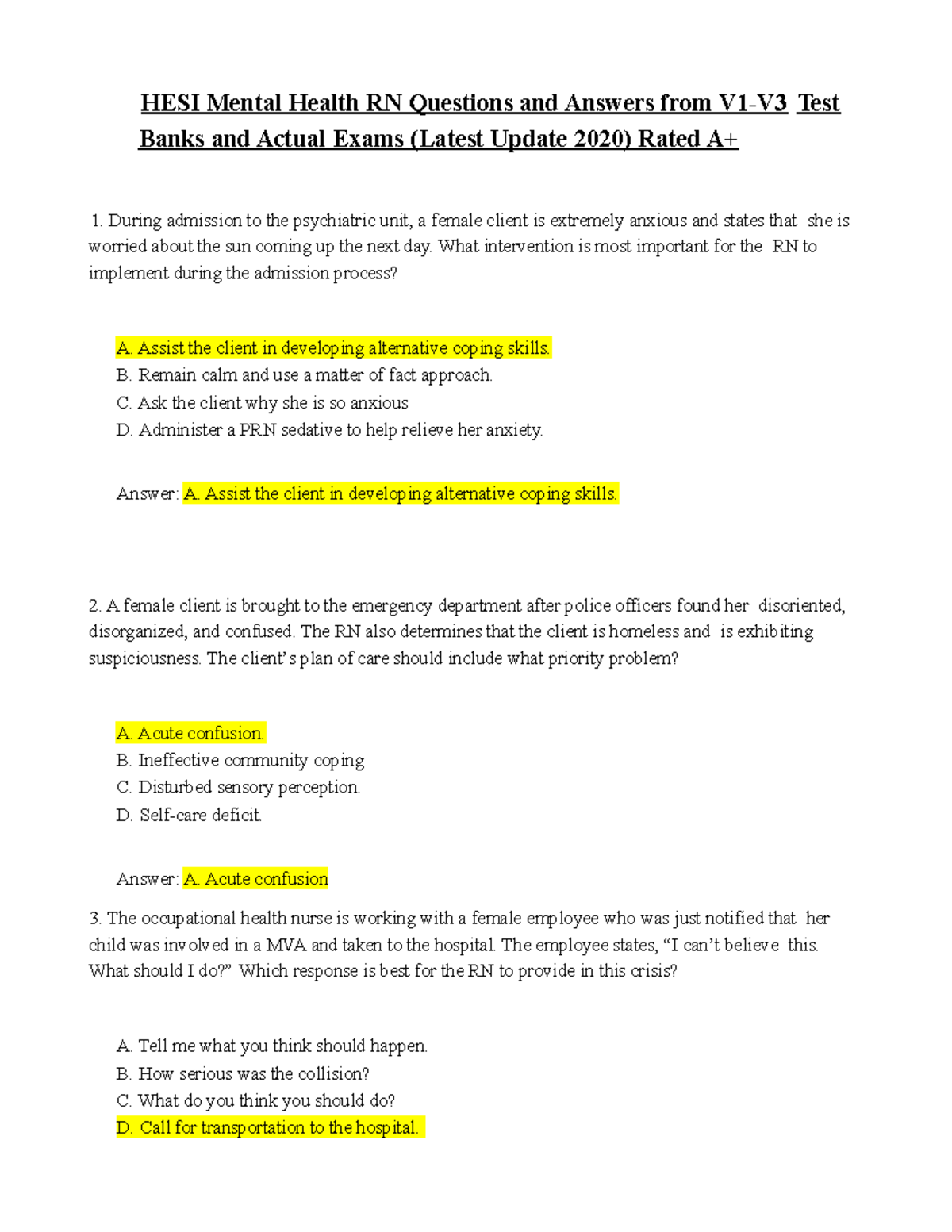 HESI Mental Health V1 - What Intervention Is Most Important For The RN ...