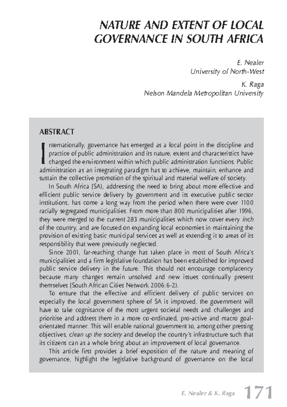 Nature and extent of Local Governance in South Africa. jpad v42 n5 a16 ...