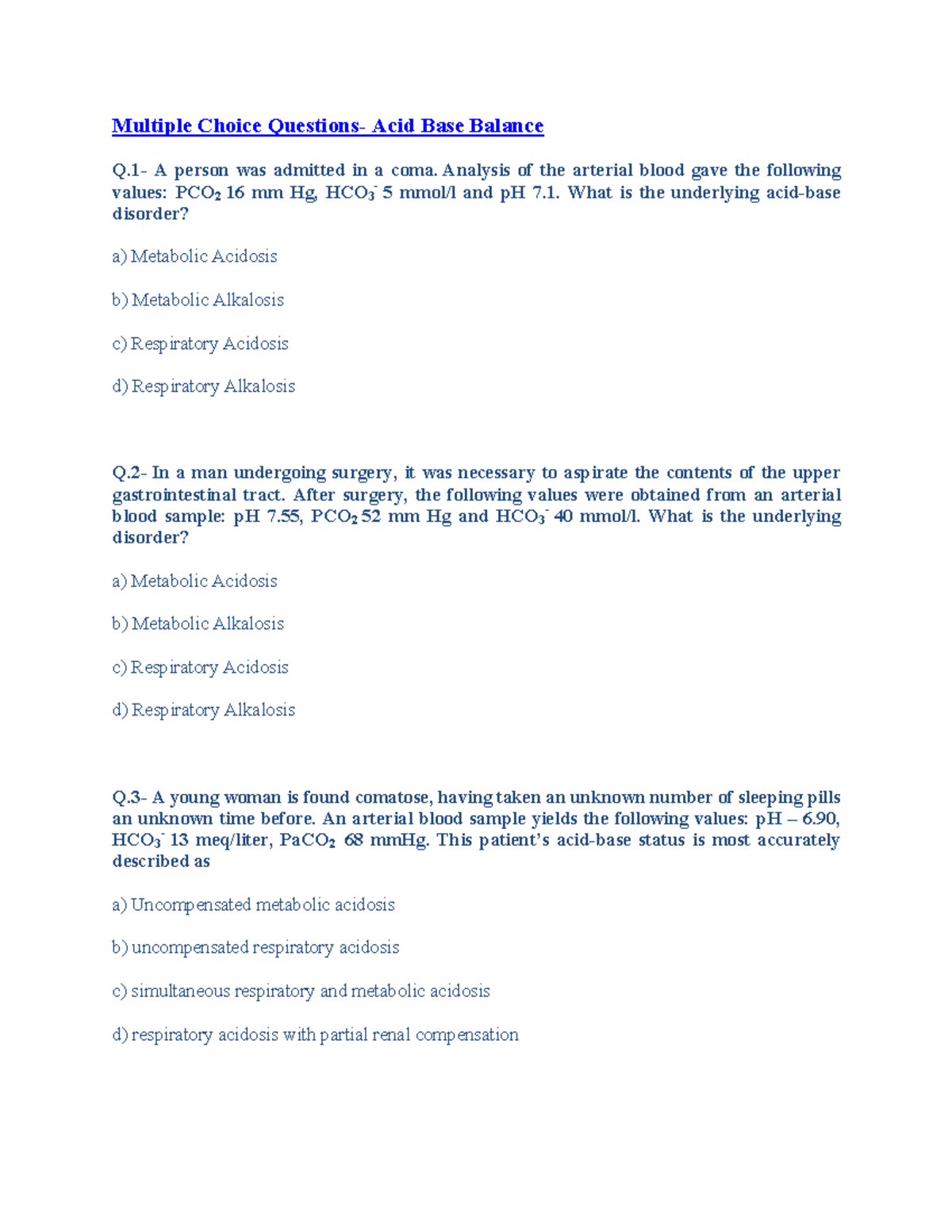 Acid base questions and answers Multiple Choice Questions Acid Base