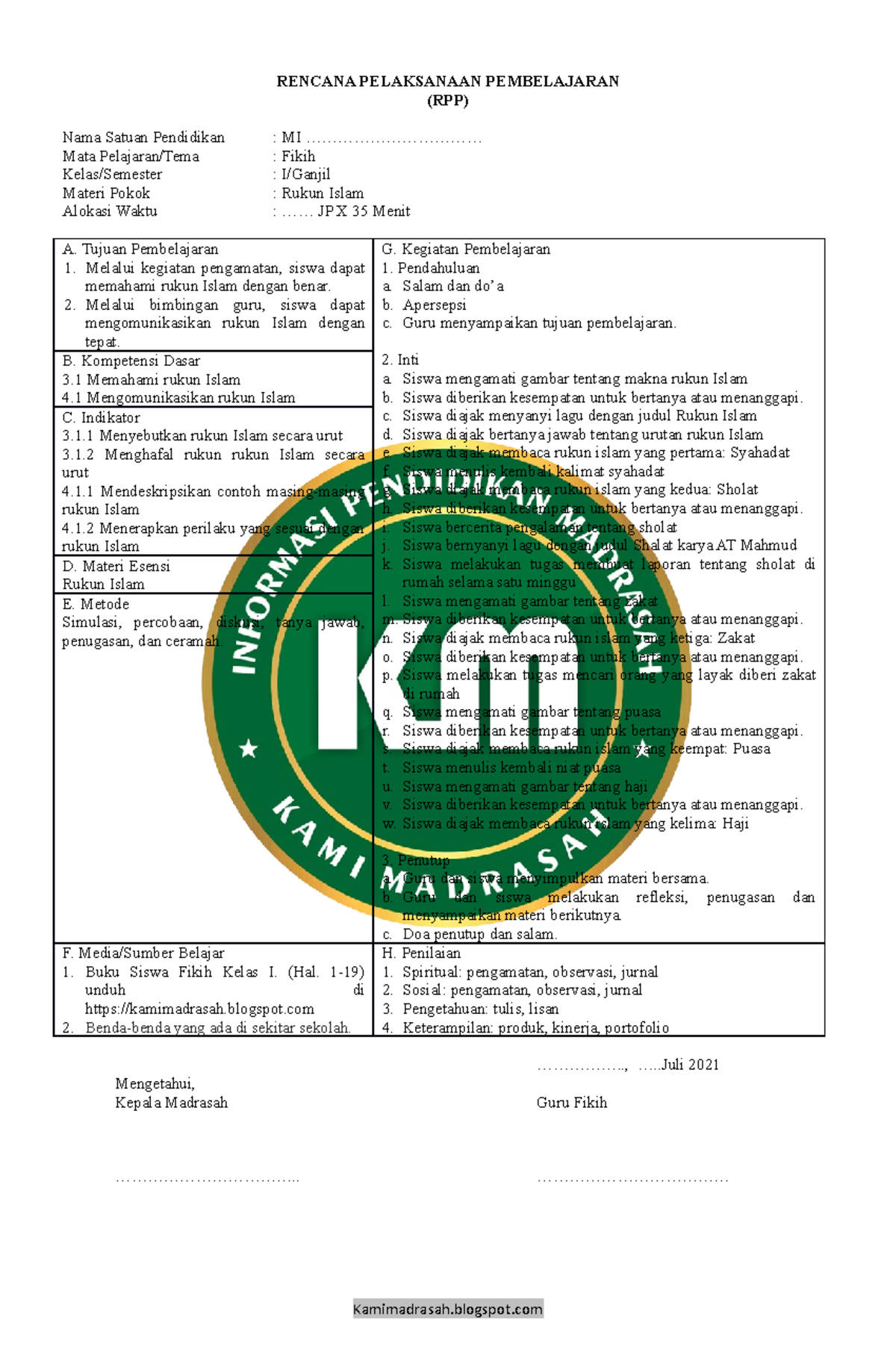 RPP Fikih KLS 1 - Kamimadrasah - (RPP) Nama Satuan Pendidikan : MI