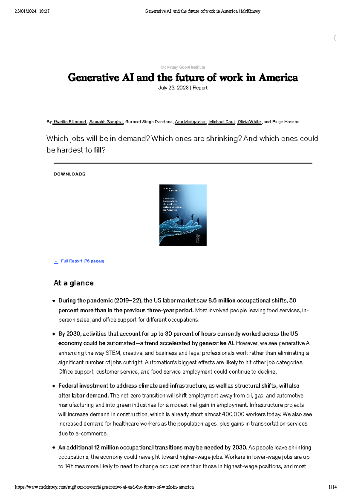 Generative AI and the future of work in America Mc Kinsey - By Kweilin ...