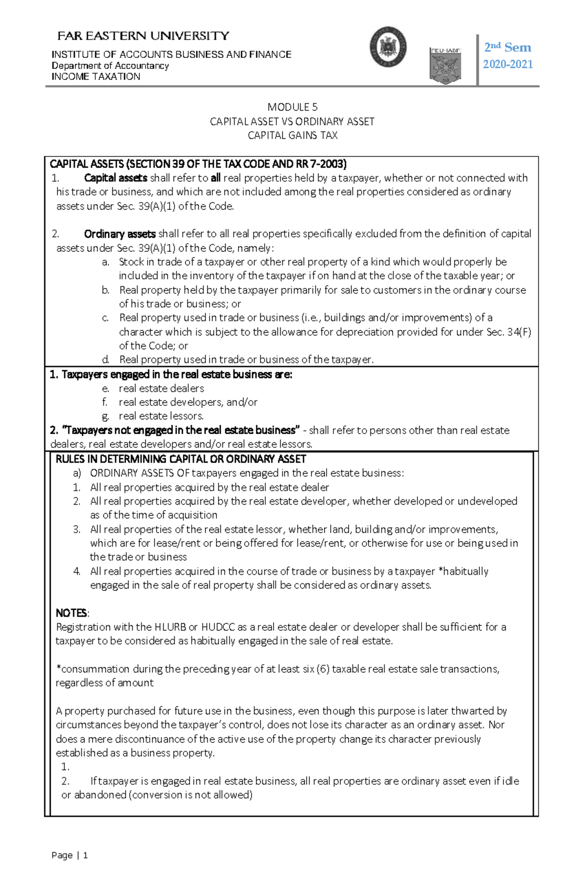 Module 5 Capital Asset VS Ordinary Asset Capital Gains TAX1