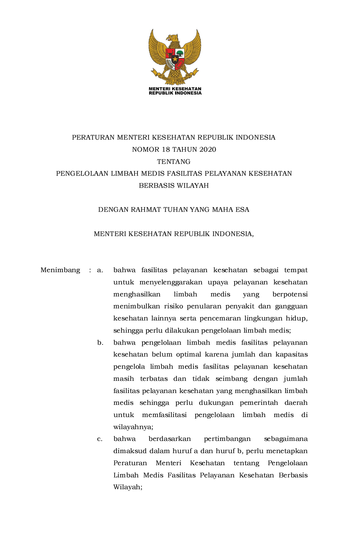 Permenkes Nomor 18 Tahun 2020 - PERATURAN MENTERI KESEHATAN REPUBLIK ...