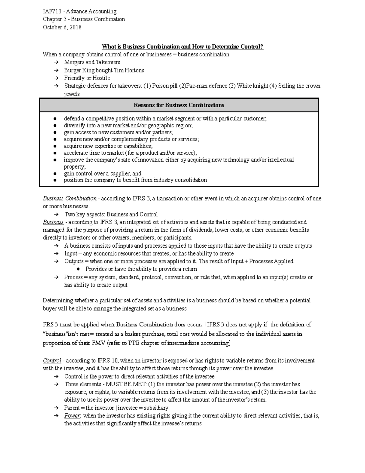 Chapter 3 Business Combination IAF710 Advance Accounting Chapter 3 Business Combination