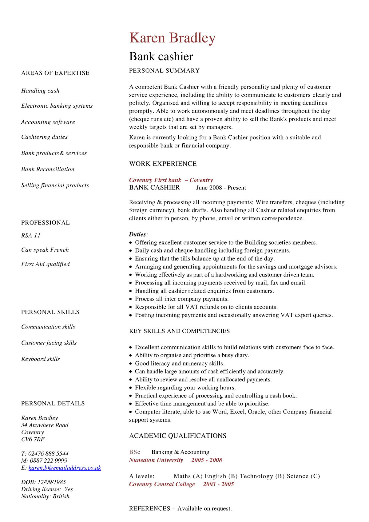 Bank cashier CV template - AREAS OF EXPERTISE Handling cash Electronic ...