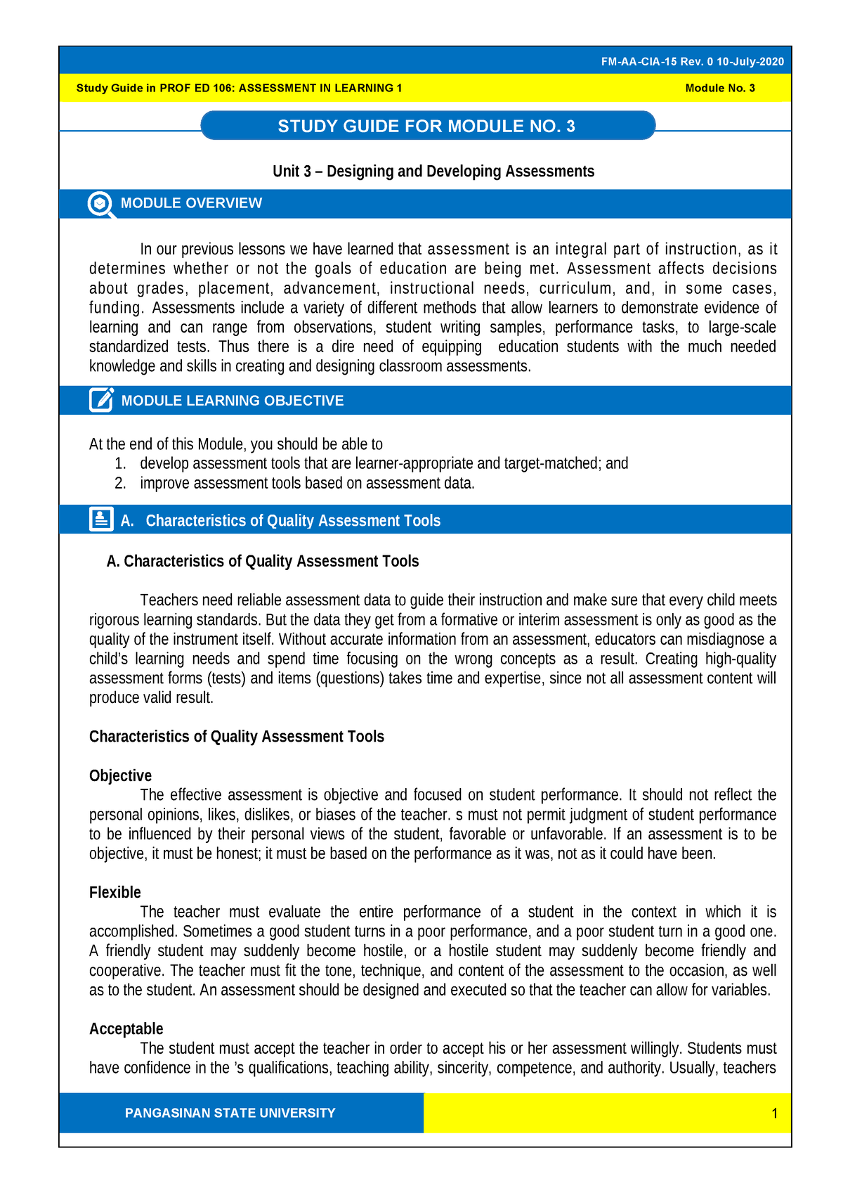 SG3 Prof Ed 106 Assessment in Learning 1 - STUDY GUIDE FOR MODULE NO. 3 ...