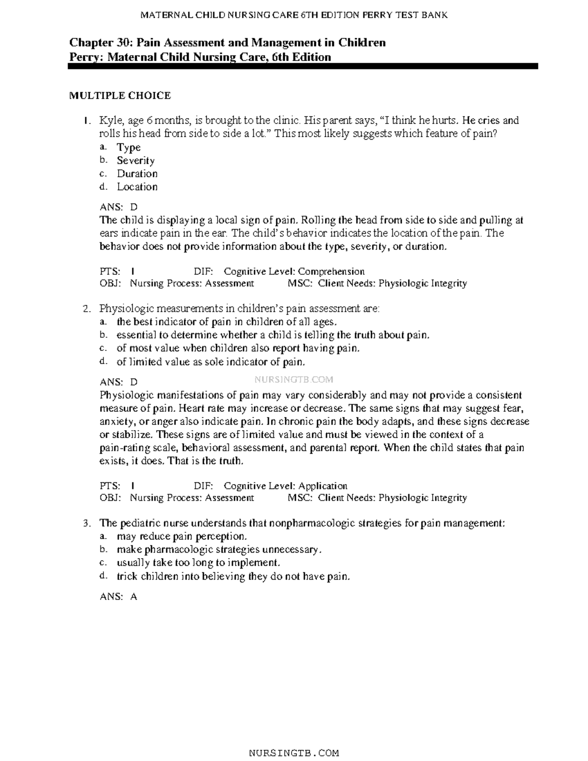 C30 - Test Bank - NURSINGTB Chapter 30: Pain Assessment And Management ...