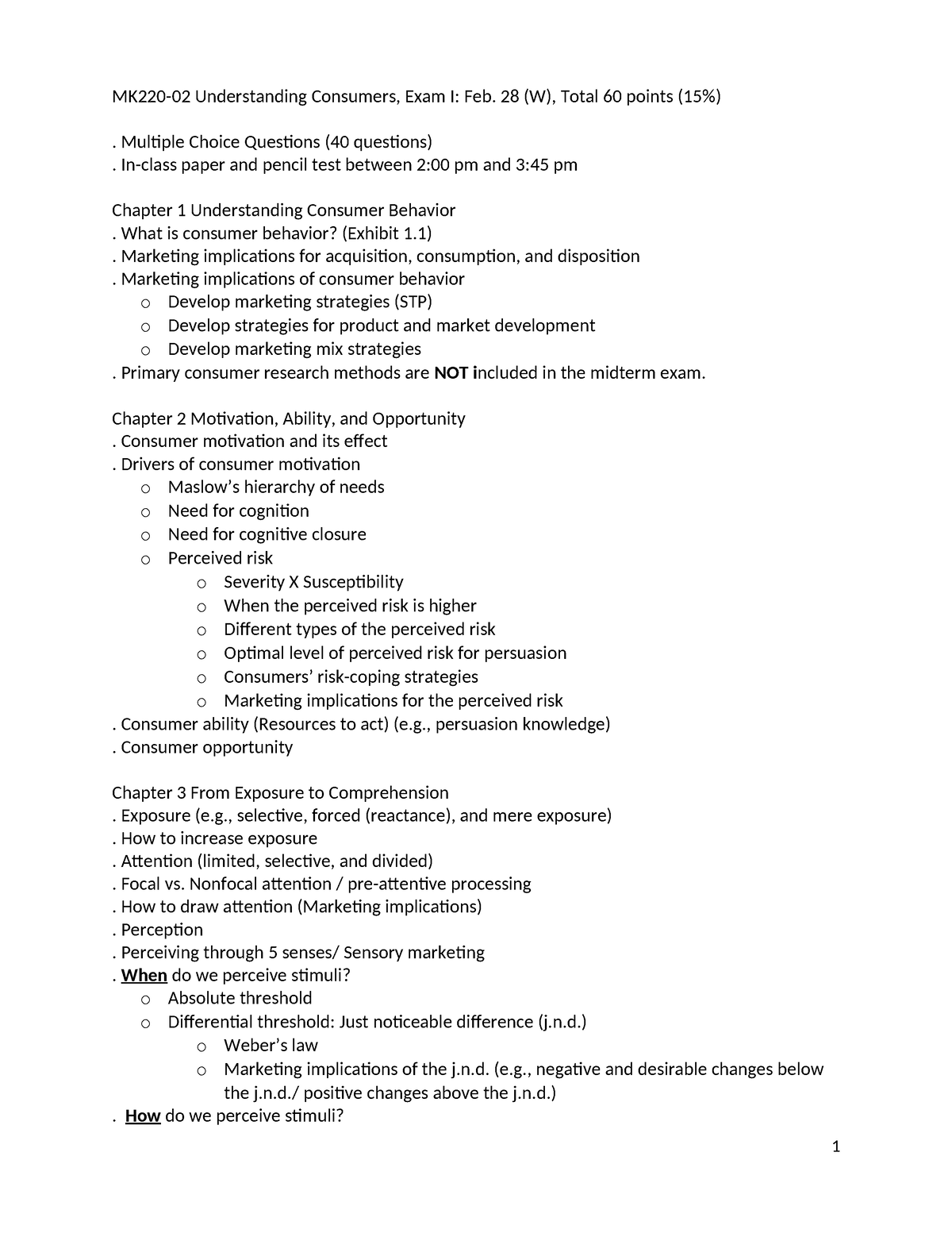 Exam I Updated Review Sheet - MK220-02 Understanding Consumers, Exam I ...