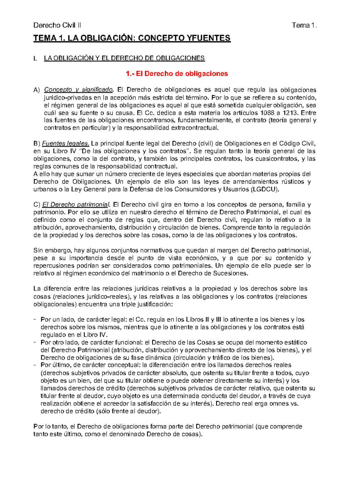 TEMA 1 - tema 1 - TEMA 1. LA OBLIGACIÓN: CONCEPTO Y FUENTES I. LA ...