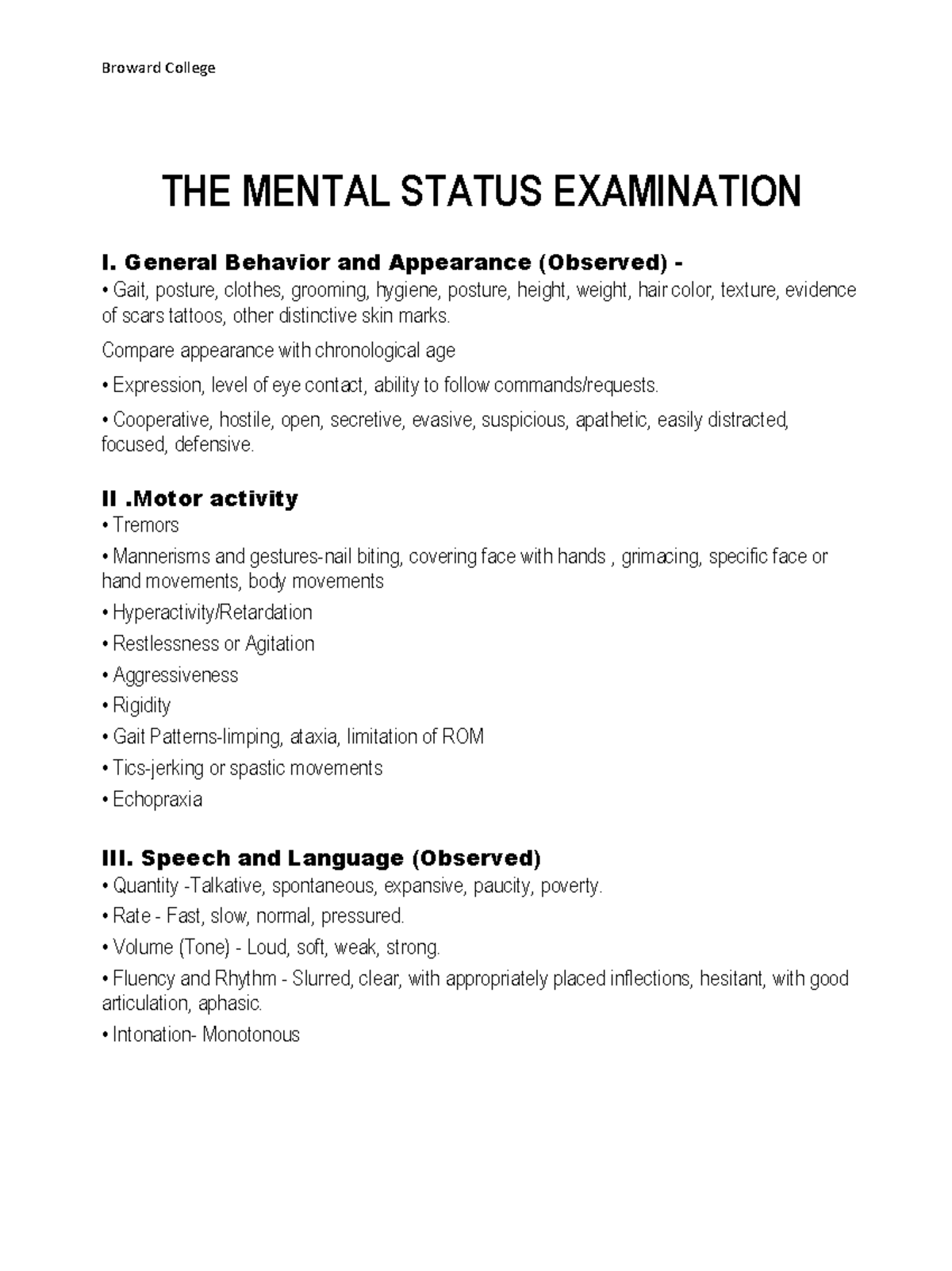 THE Mental Status Examination For Class THE MENTAL STATUS EXAMINATION