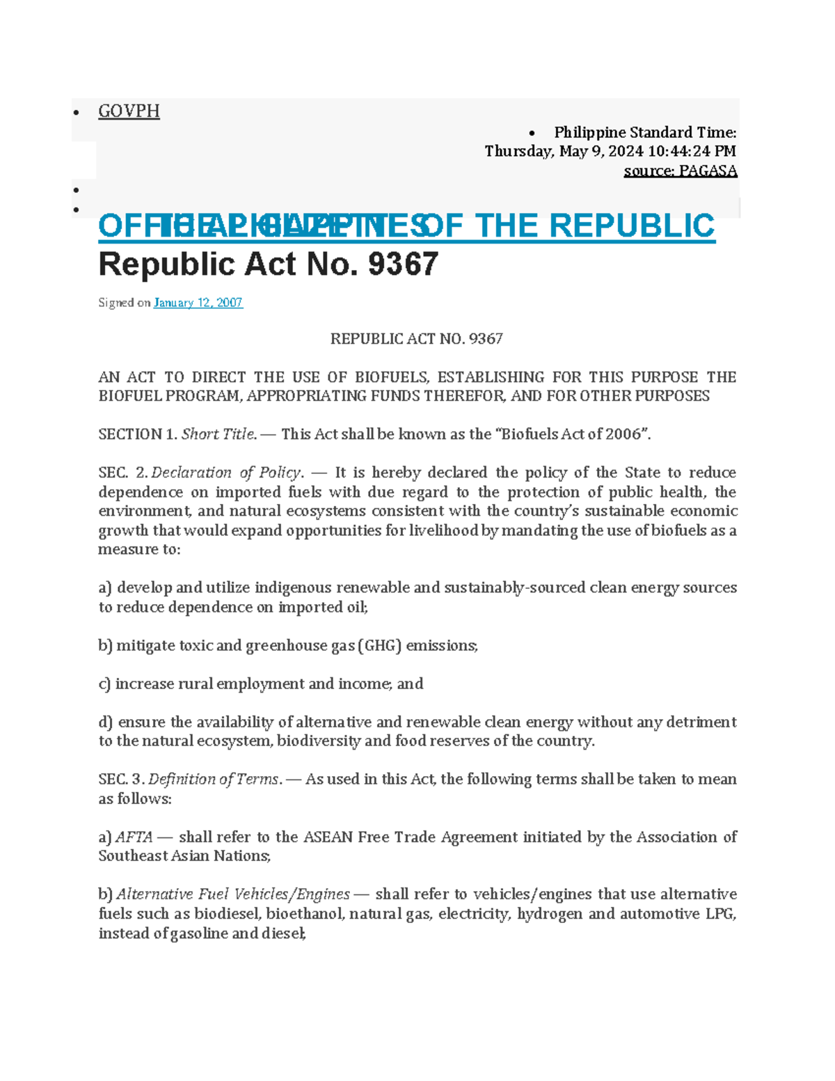 R.A 9367 - GEC - GOVPH Philippine Standard Time: Thursday, May 9, 2024 ...
