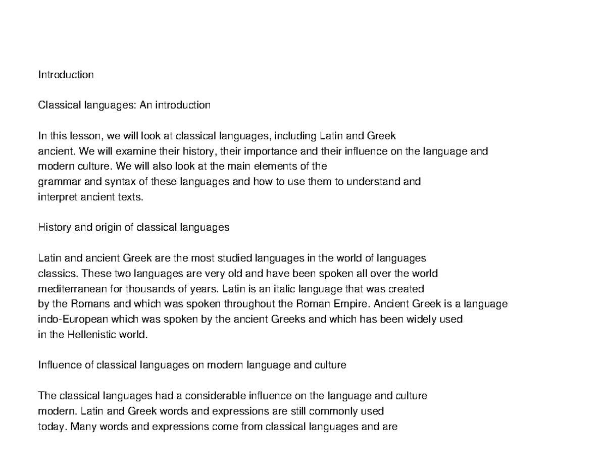 English Classical Languages Study notes - Introduction Classical ...