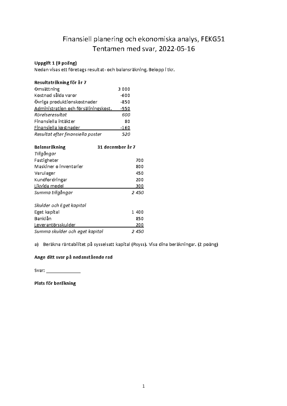 Tentamen Med Svar - 2022-05-16 - Finansiell Planering Och Ekonomiska ...