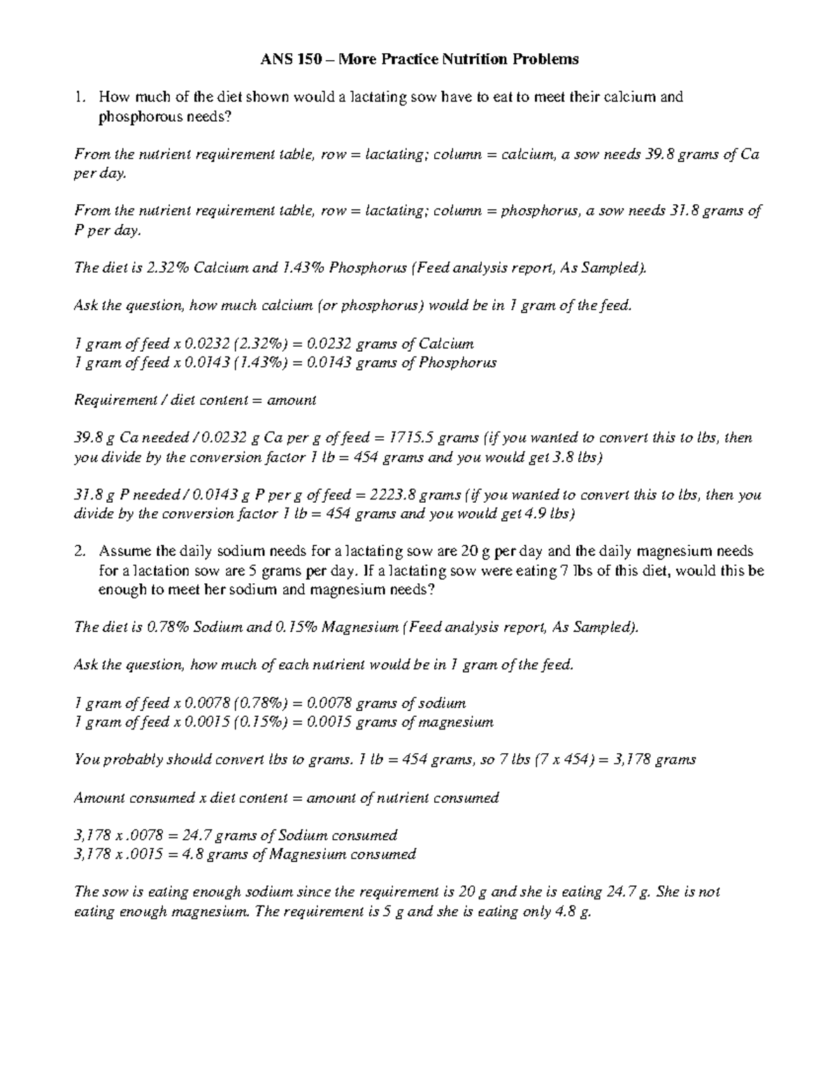 ANS150 More Nutrition Problems Key - ANS 150 – More Practice Nutrition ...