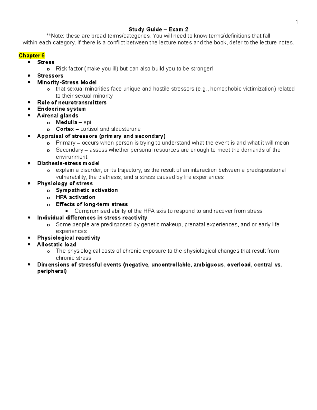 Study Guide Exam 2 - Study Guide – Exam 2 **Note: these are broad terms ...