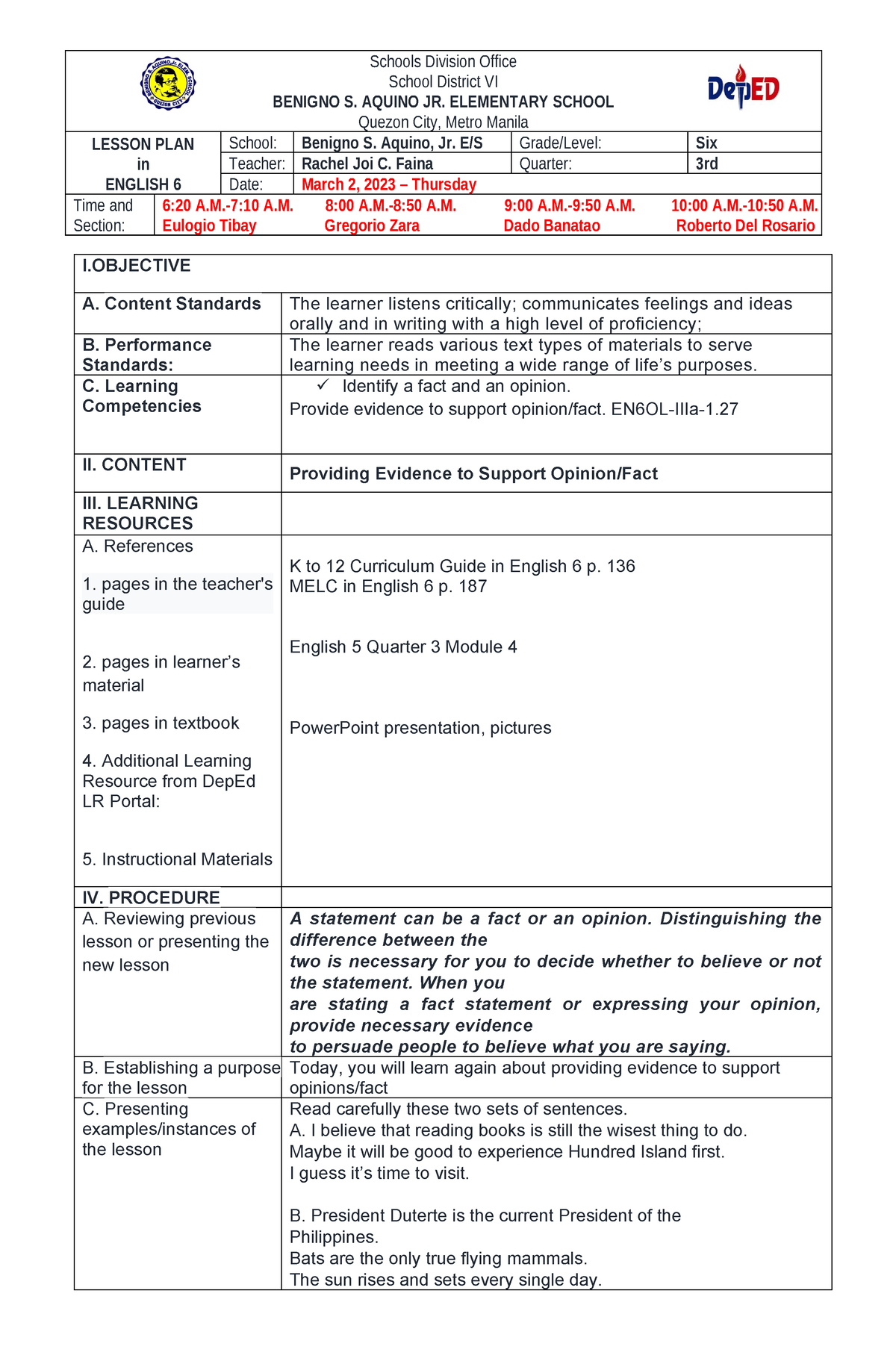 DLP-March. 2-ENG - DLP in english - I A. Content Standards The learner ...