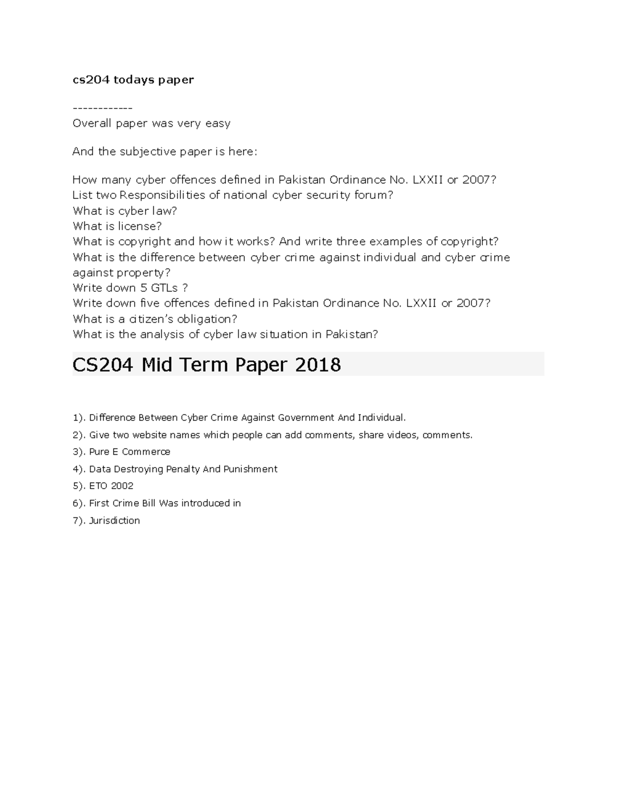 CS204 Midterm Paper Questions - Cs204 Todays Paper - Overall Paper Was ...