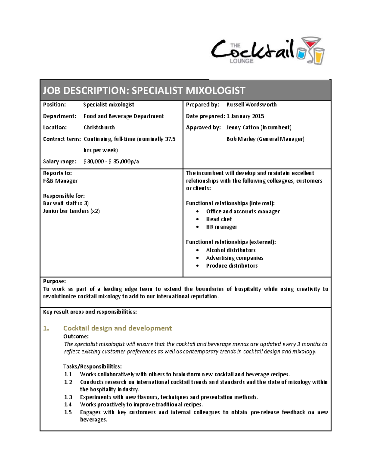 JOB Description Example Specialist Mixologist JOB DESCRIPTION