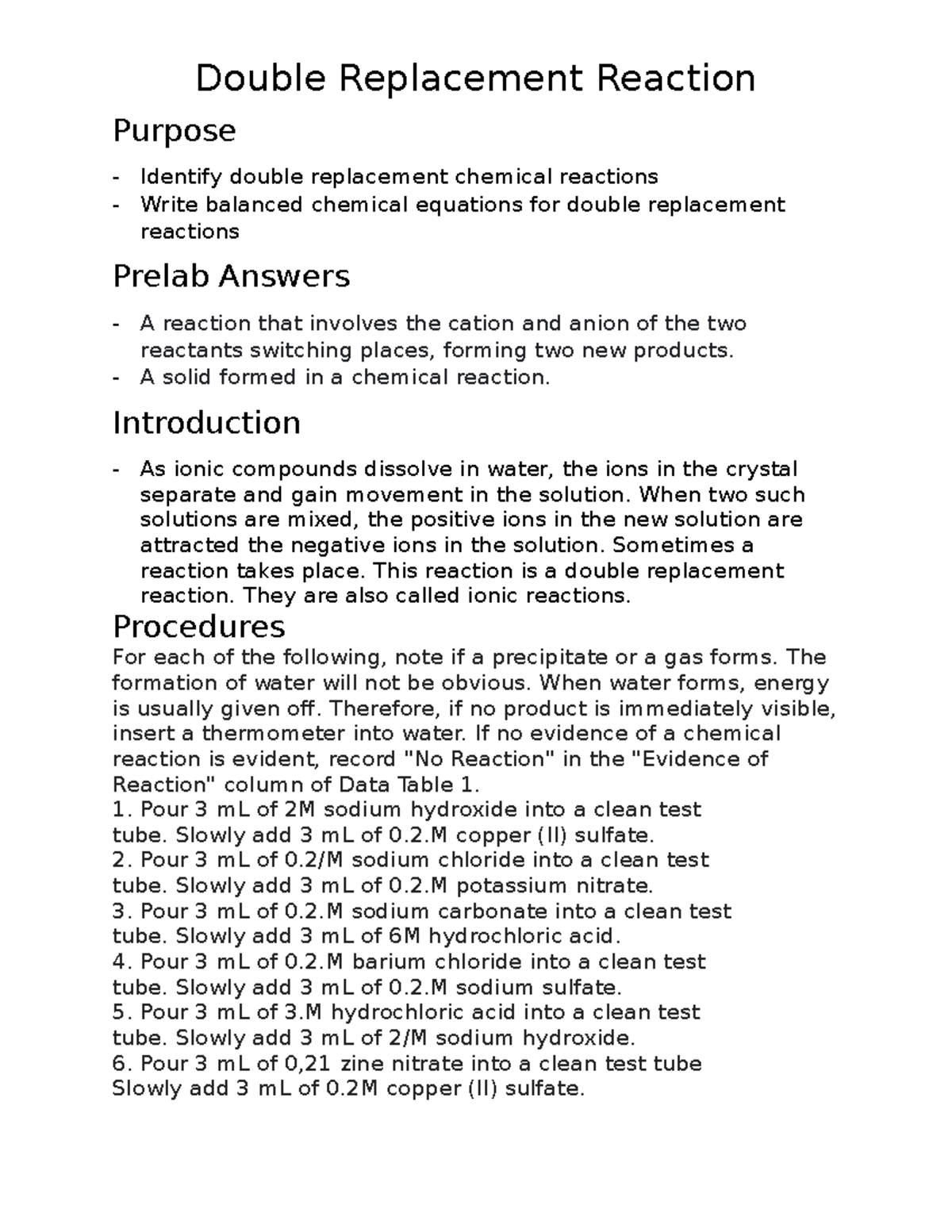 Pre lab Double Replacement Reactions - Double Replacement Reaction ...