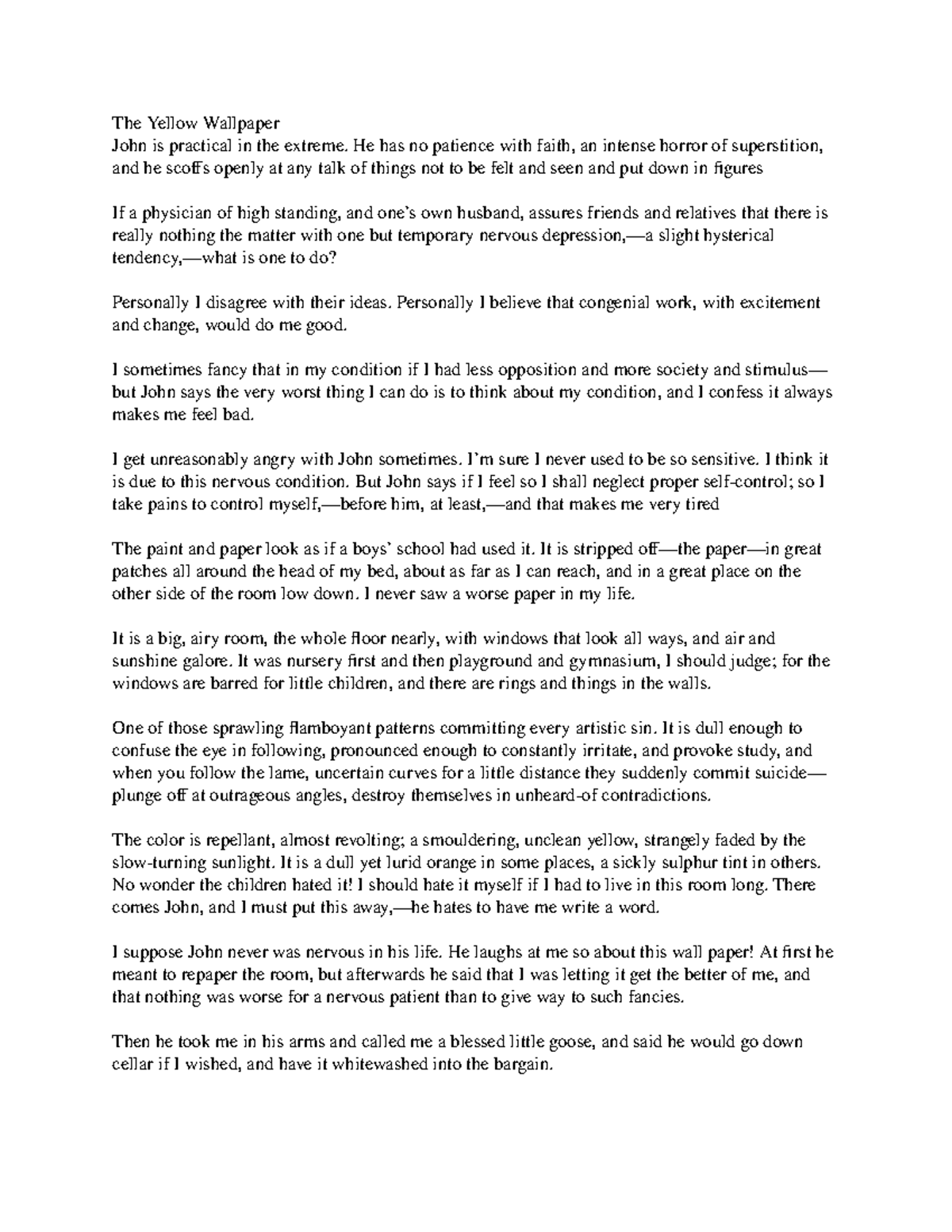 Charlotte Gilman Perkins "The Yellow Wallpaper" Analysis of Sexism within Victorian Society