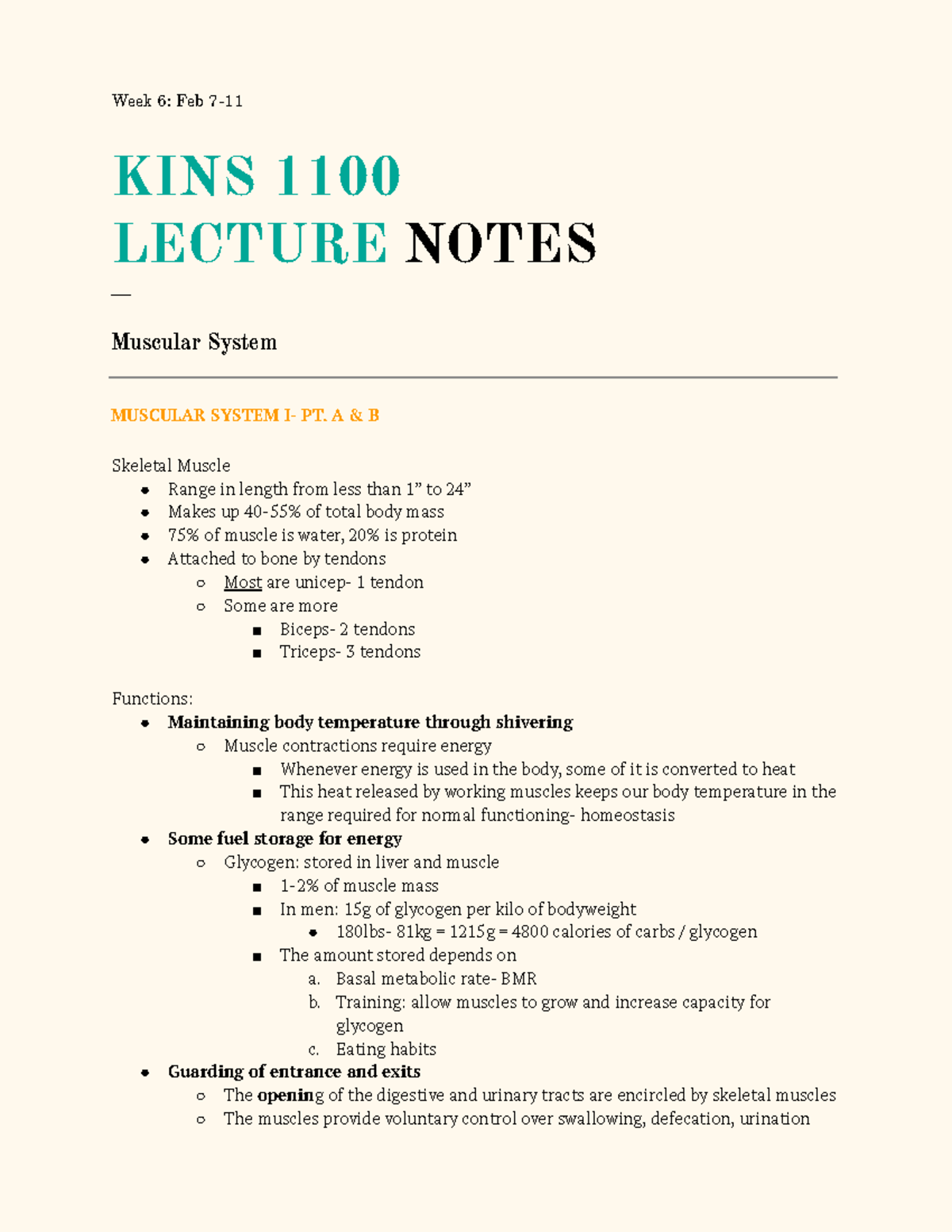 KIN W. 6- Muscular System - Week 6: Feb 7- KINS 1100 LECTURE NOTES ...