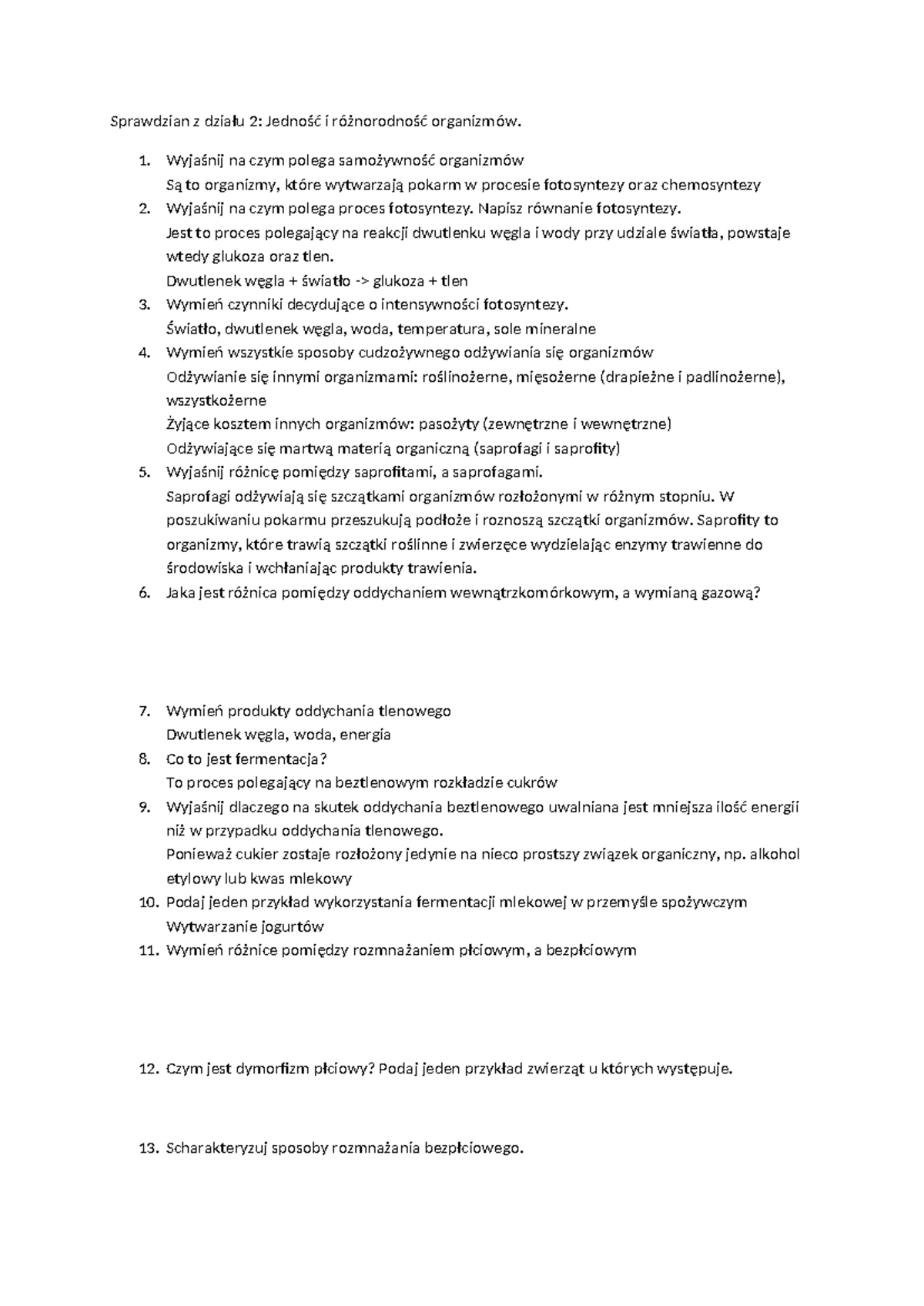 Sprawdzian z działu 2 Jednosc i roznorodnosc organizmow - Sprawdzian z