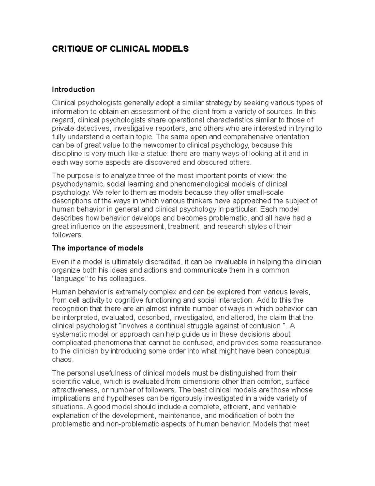 Critique of clinical models - CRITIQUE OF CLINICAL MODELS Introduction ...