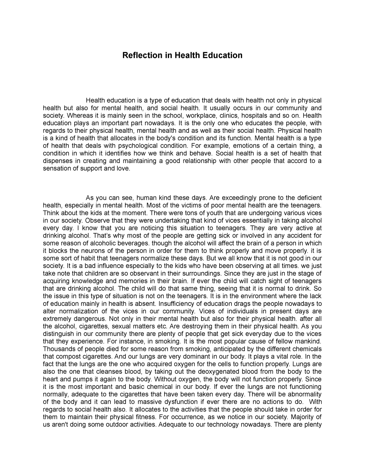 reflection paper about health education