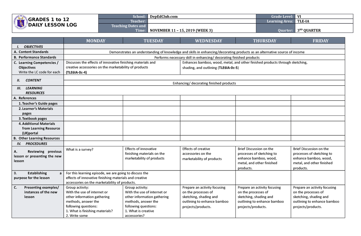 DLL TLE-IA 6 Q3 W3 - Tle - GRADES 1 To 12 DAILY LESSON LOG School ...