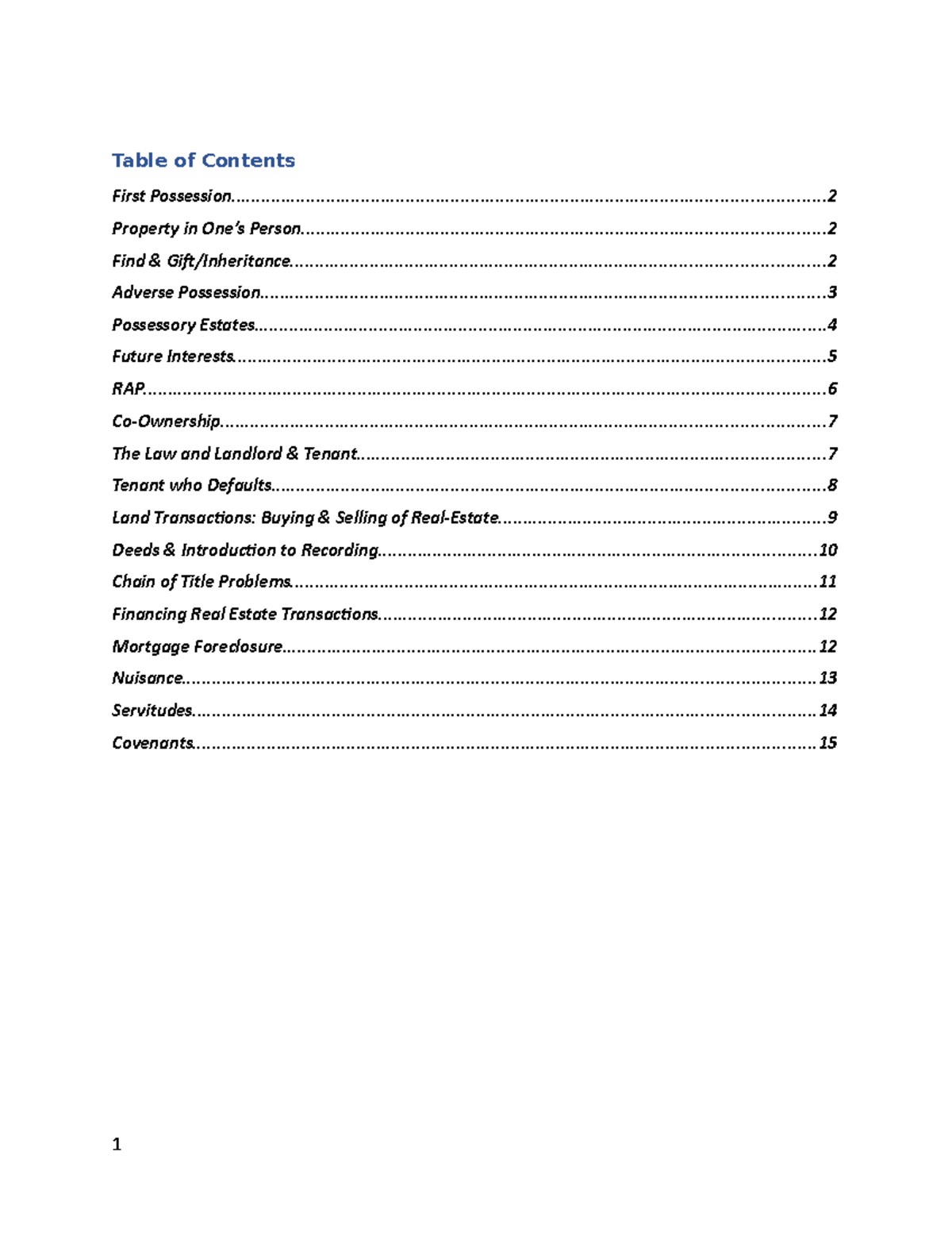 Property Outline final - Table of Contents First - Studocu