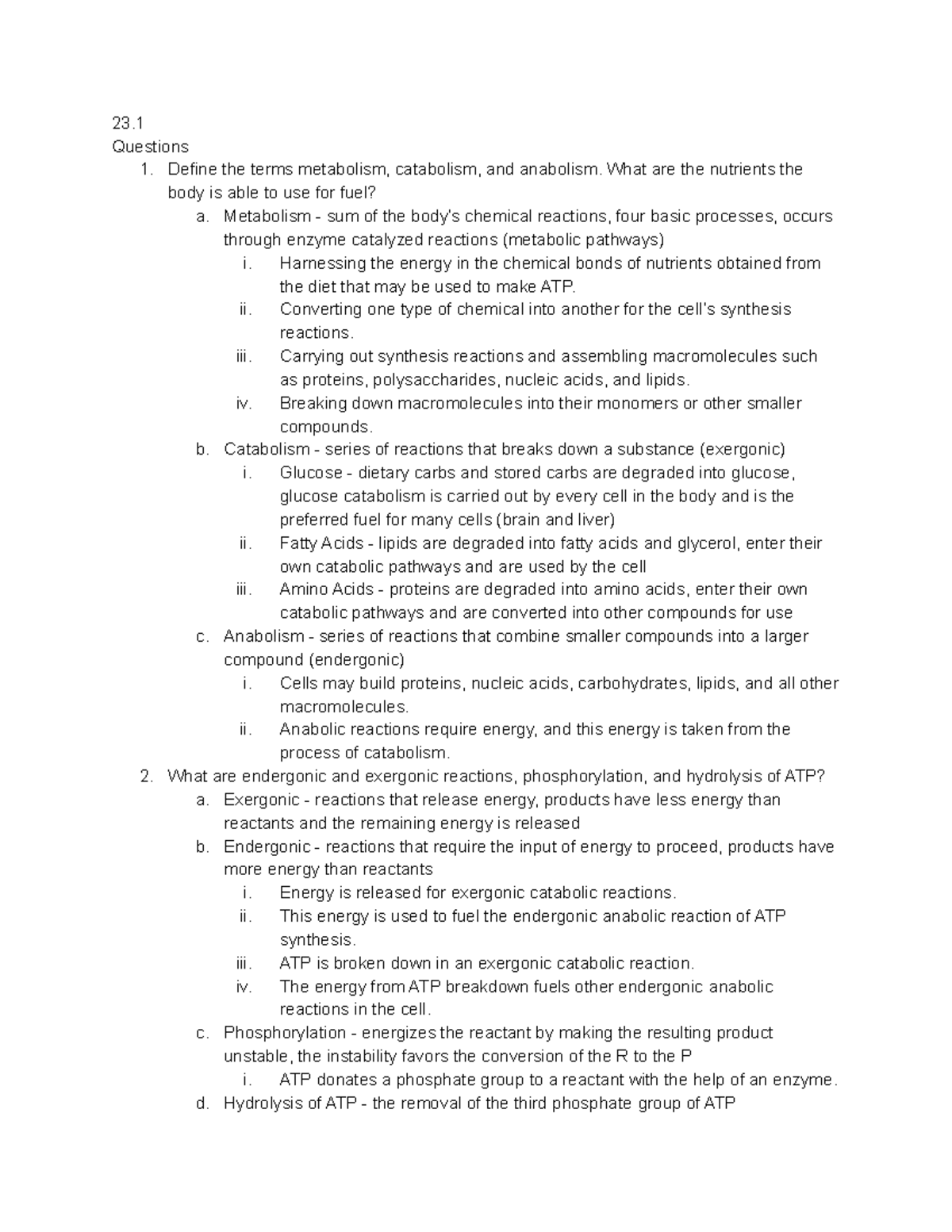 BISC 207 Chapter 23 - 23. Questions 1. Define The Terms Metabolism ...