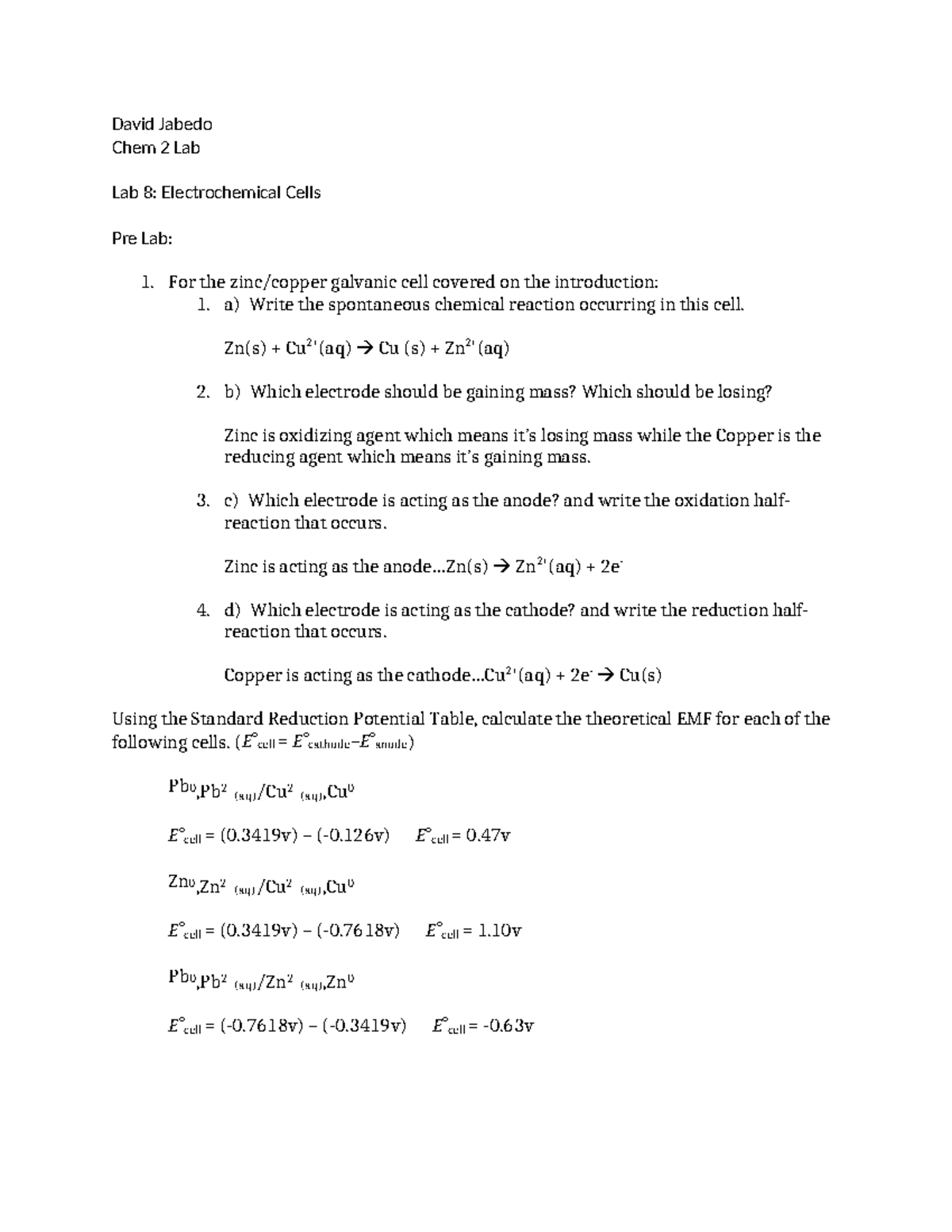 Lab 8 Electrochemical Cells - David Jabedo Chem 2 Lab Lab 8 ...