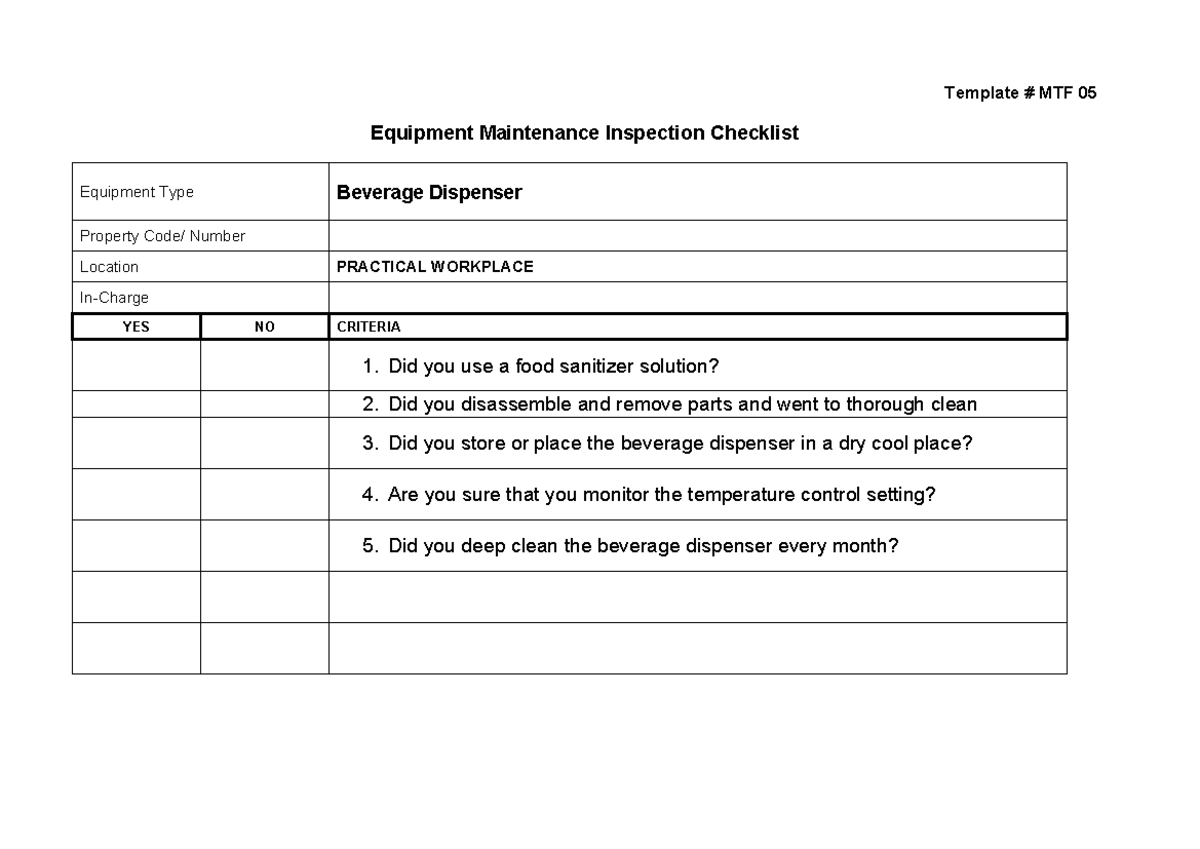 MTF05 Equipment IChecklist - Template # MTF 05 Equipment Maintenance ...
