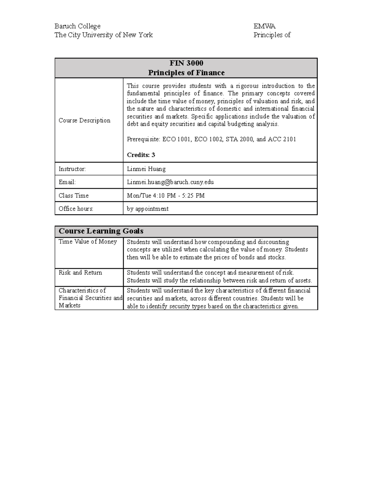 FIN3000 Syllabus Fall 2022FMWA - FIN 3000 Principles Of Finance Course ...