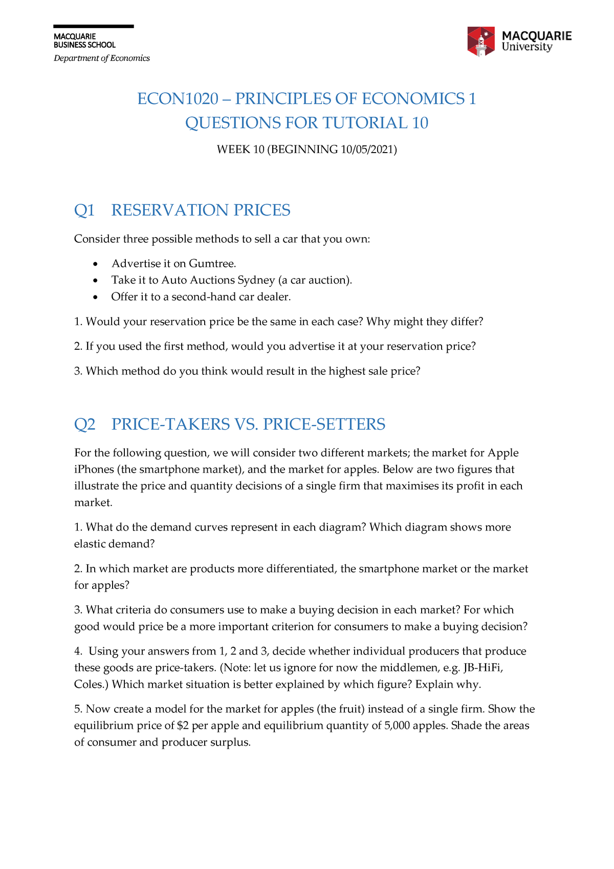 ECON1020 S1 2021 Tutorial 10 - Questions For - MACQUARIE BUSINESS ...