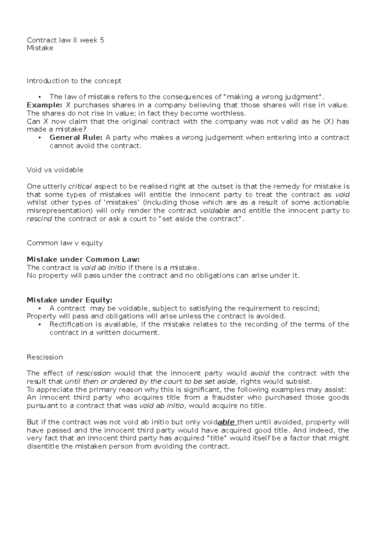 Contract Law Ii Week 5 Lecture Notes Week 5 Contract Law Ii Week 5 Mistake Introduction To Contract Law Ii Week 5 Lecture Notes Week 5 Contract Law Ii Week 5 Mistake Introduction To